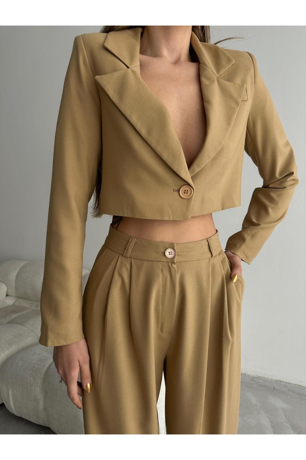 Tek Düğme Crop Blazer Vizon