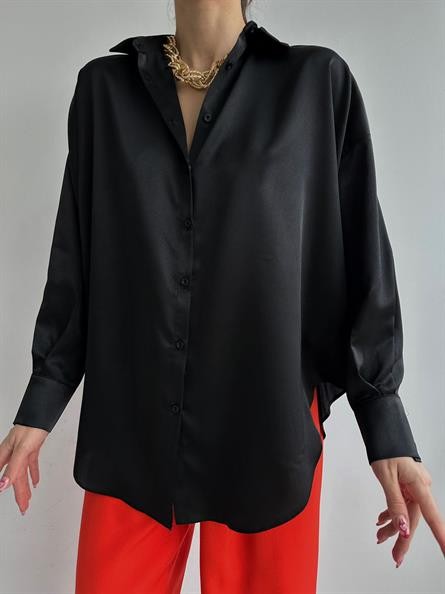 Oversize Saten Gömlek Siyah