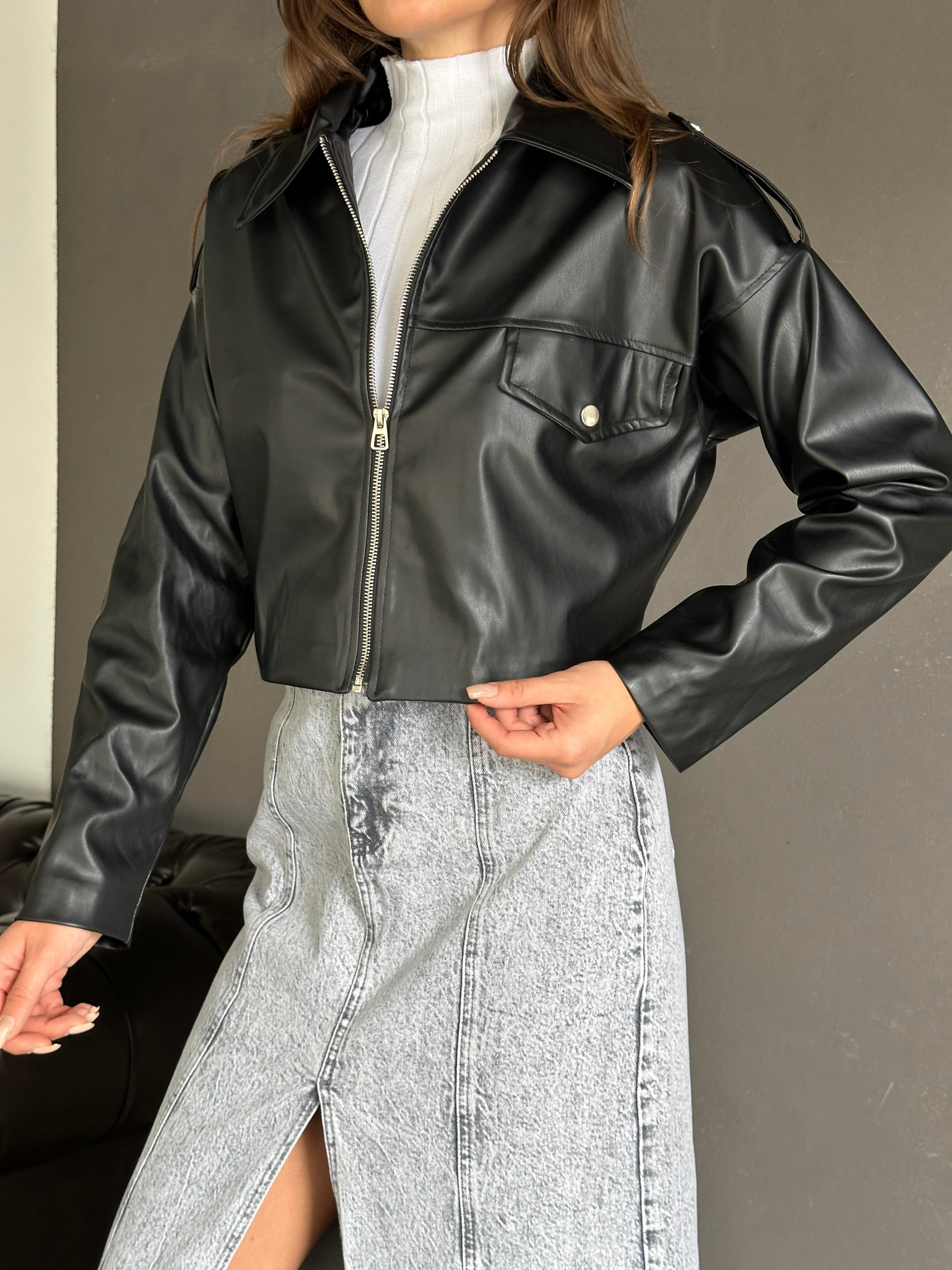 Fermuarlı Deri Crop Ceket Siyah