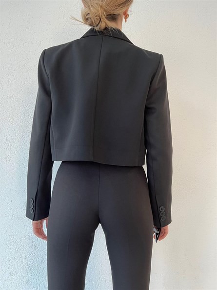 Düğmeli Kruvaze Crop Blazer Ceket Siyah