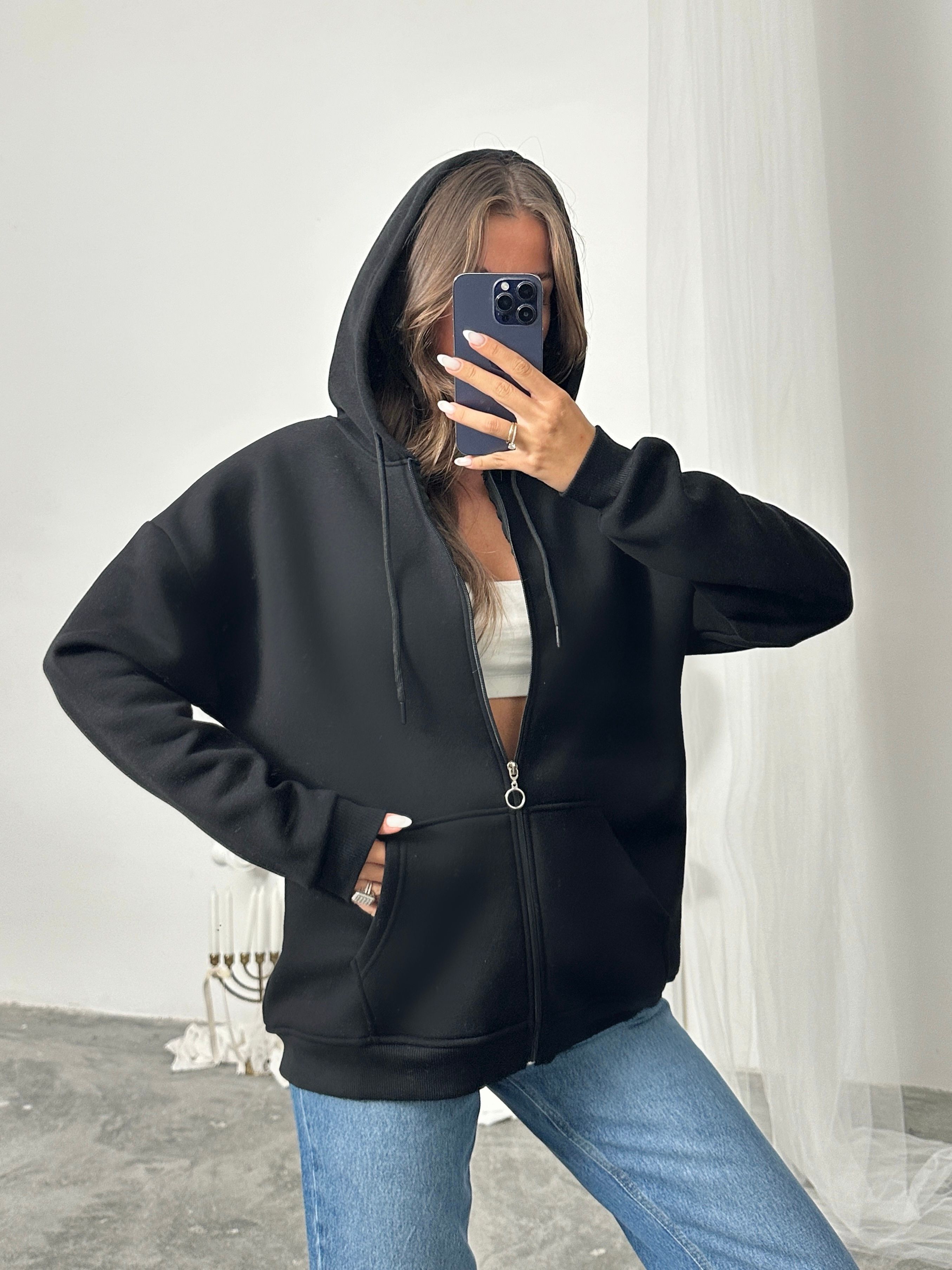 Fermuarlı Kapüşonlu Sweat Hırka - Siyah