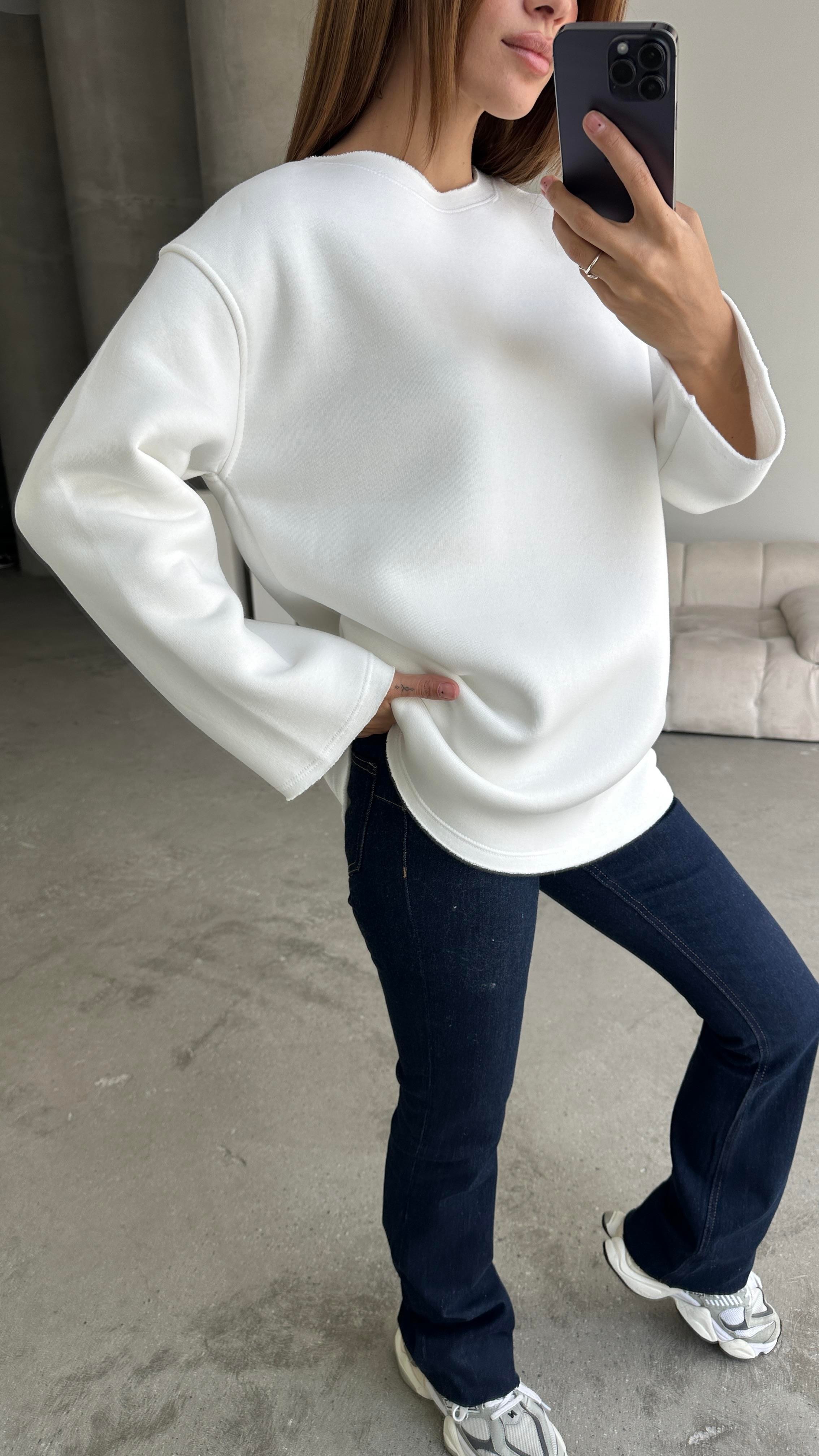 Şardonlu Basic Sweatshırt Beyaz