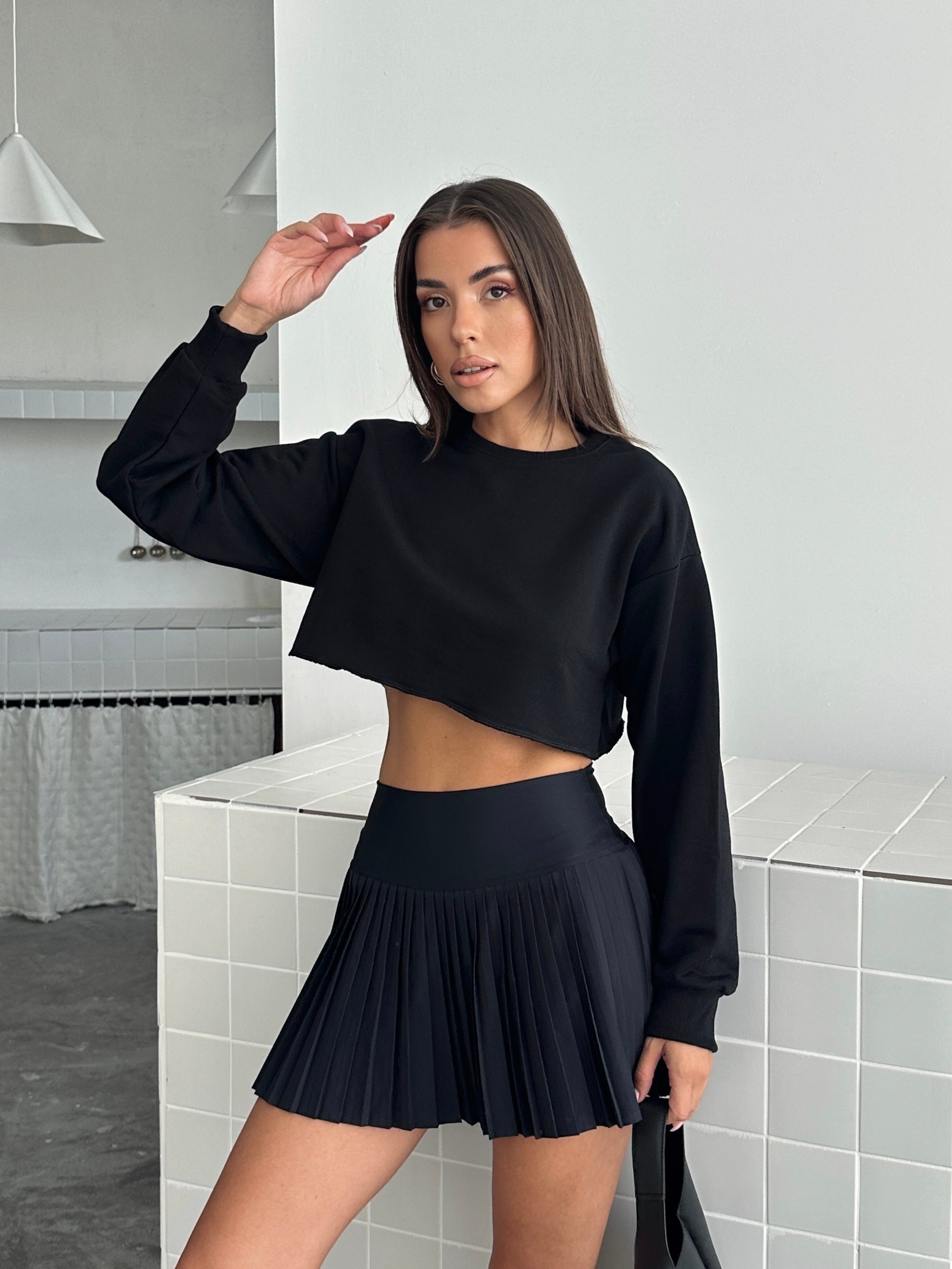 Dikişsiz Crop Sweat - Siyah