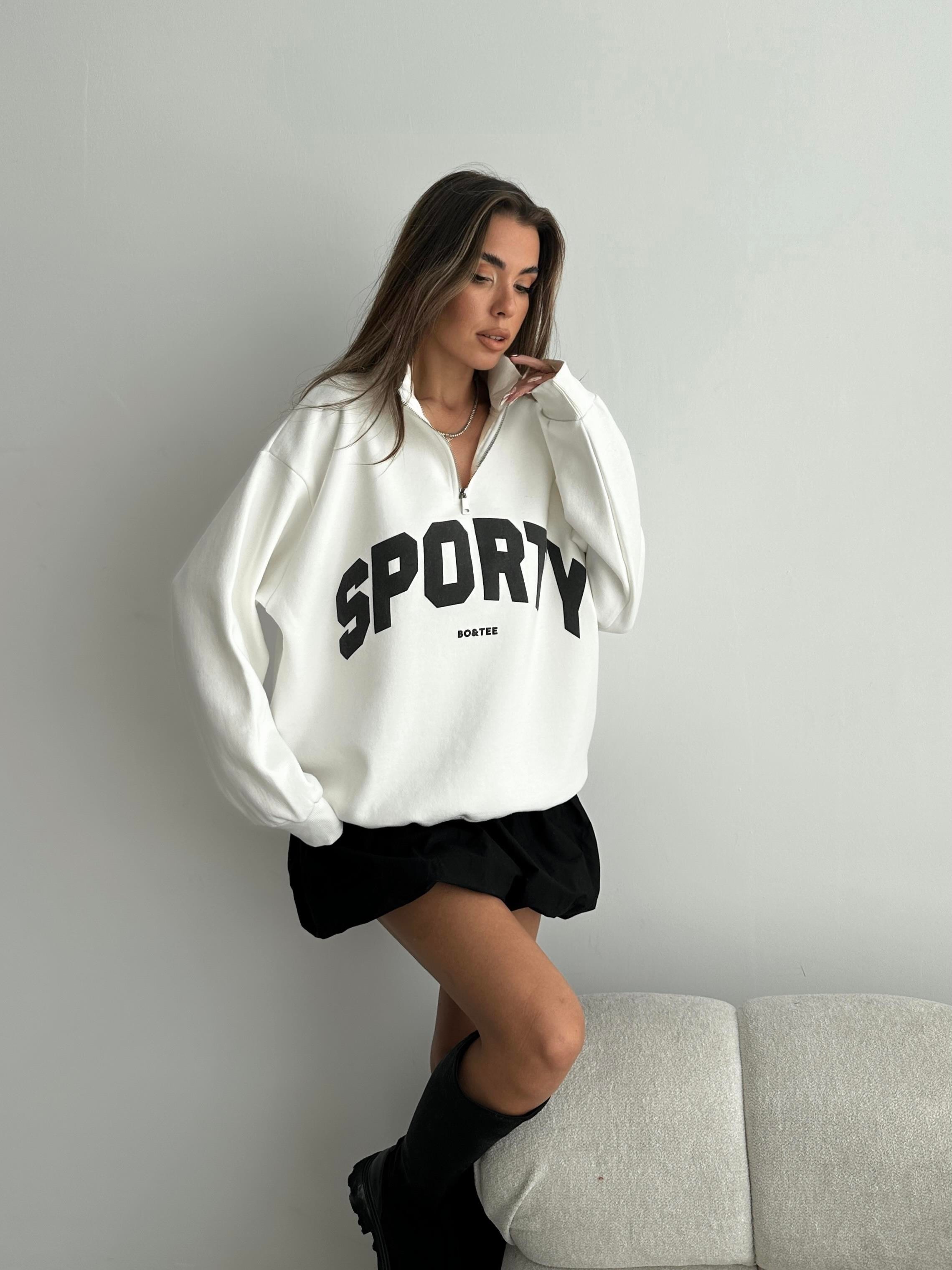 Yarım Fermuar Sporty Sweat Beyaz