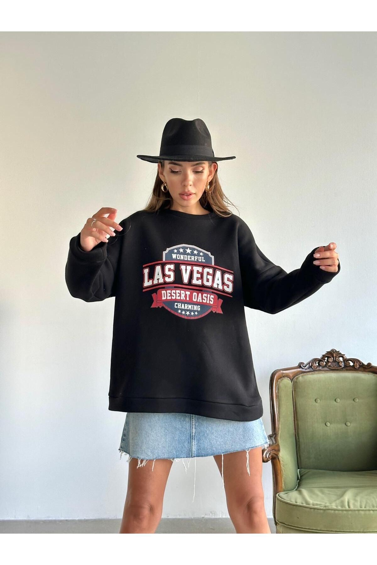 Las Vegas Üç İplik Oversize Sweat Siyah