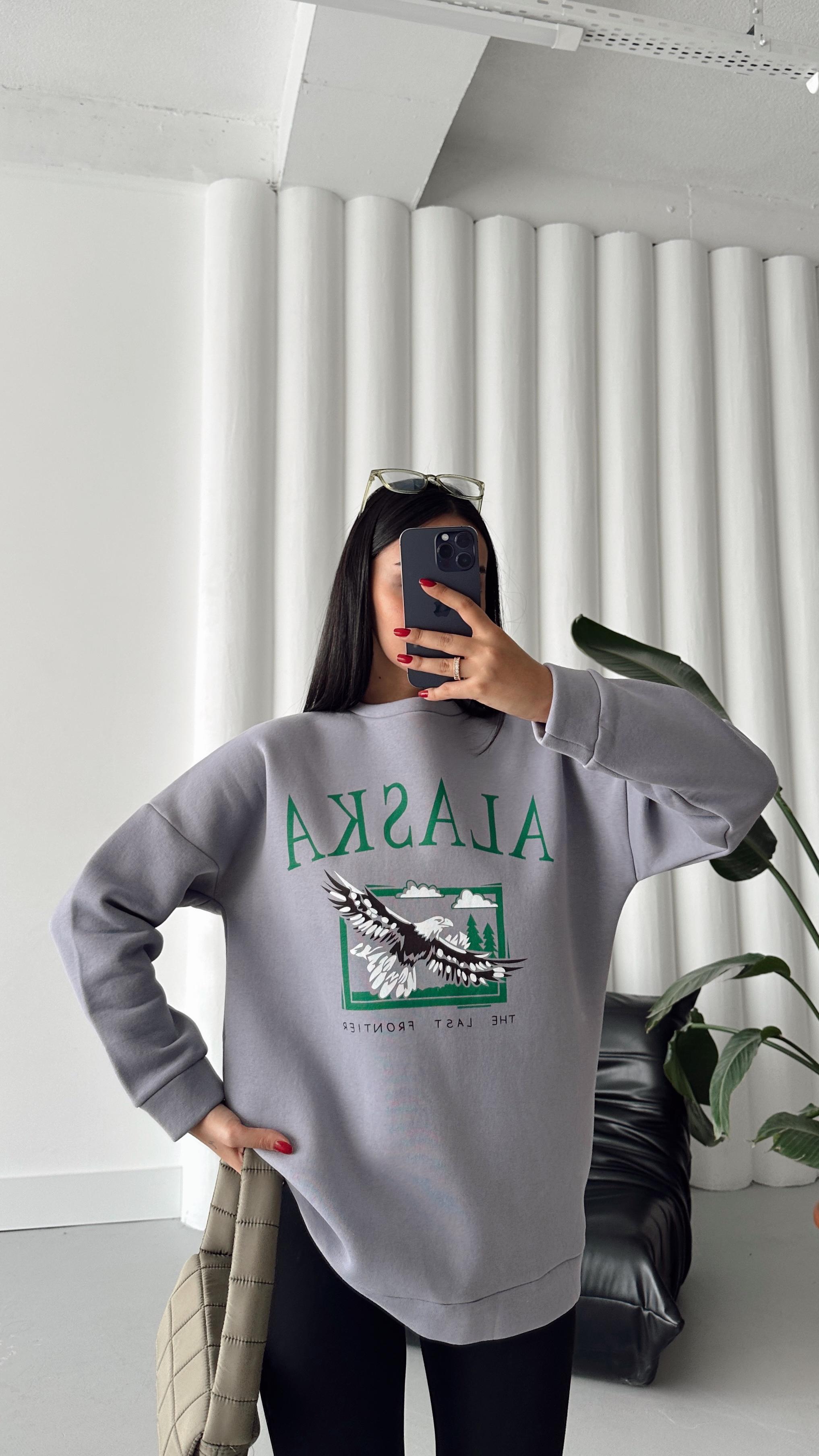 Alaska Üç İplik Şardonlu Oversize Sweat Gri