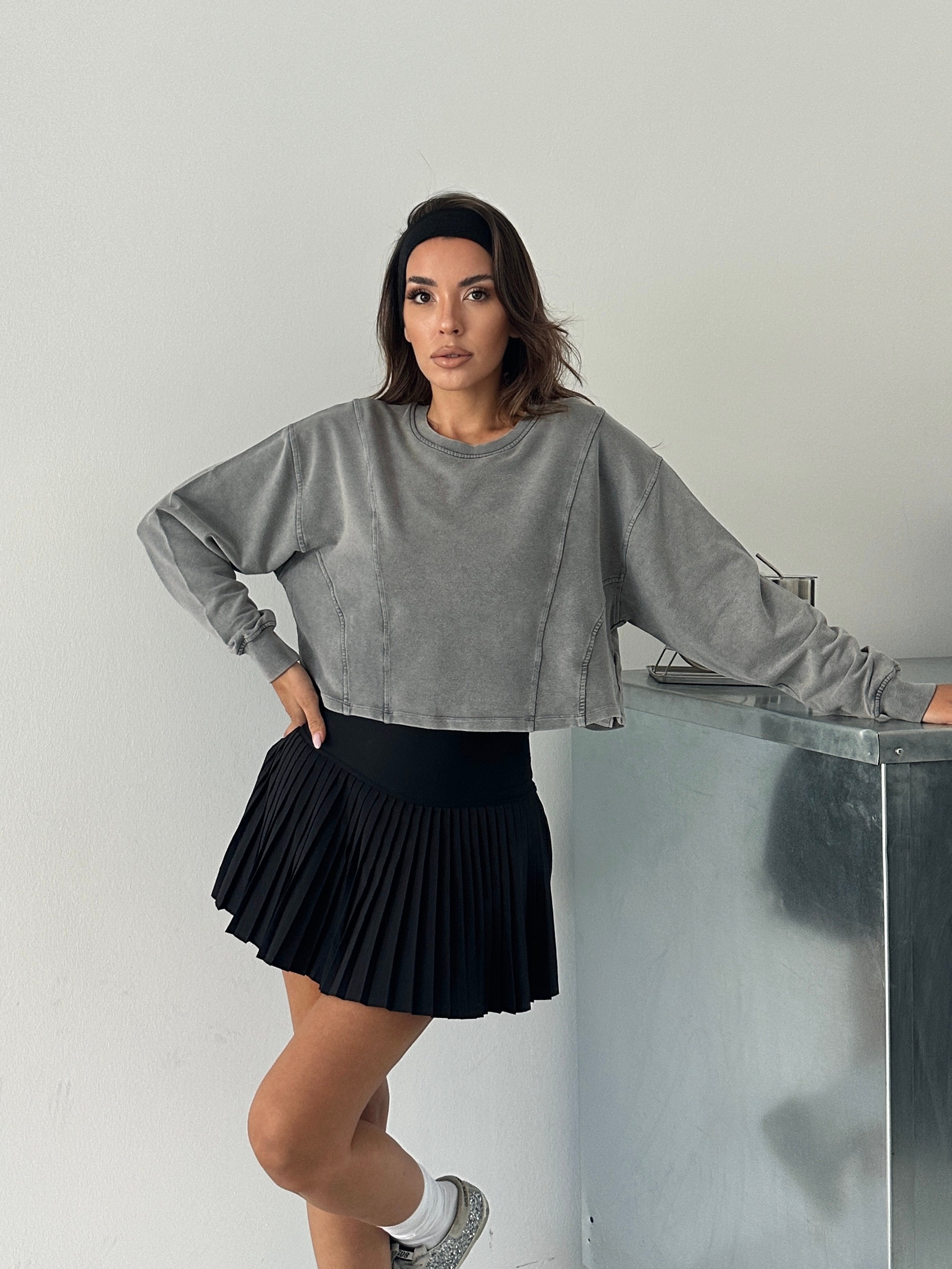 Modal Yıkamalı Crop Sweat - Gri