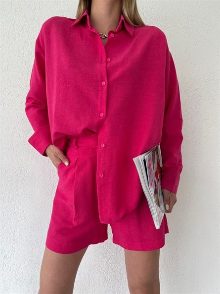Valeria Oversize Keten Gömlek Fuşya