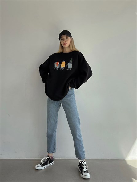 Penguen İşleme Oversize 3 İplik Sweatshirt Siyah