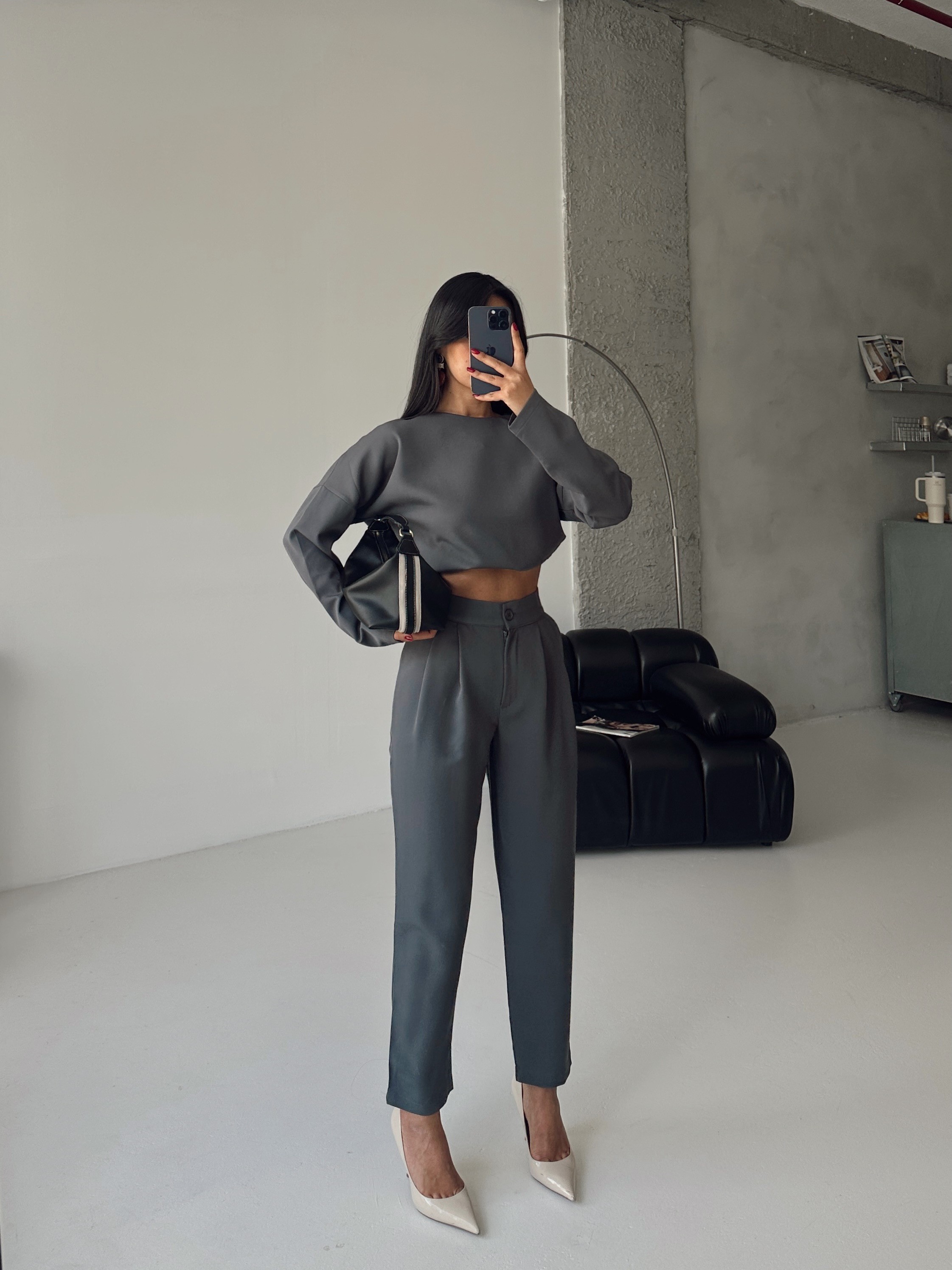 Petra Crop Pantolon Takım Füme