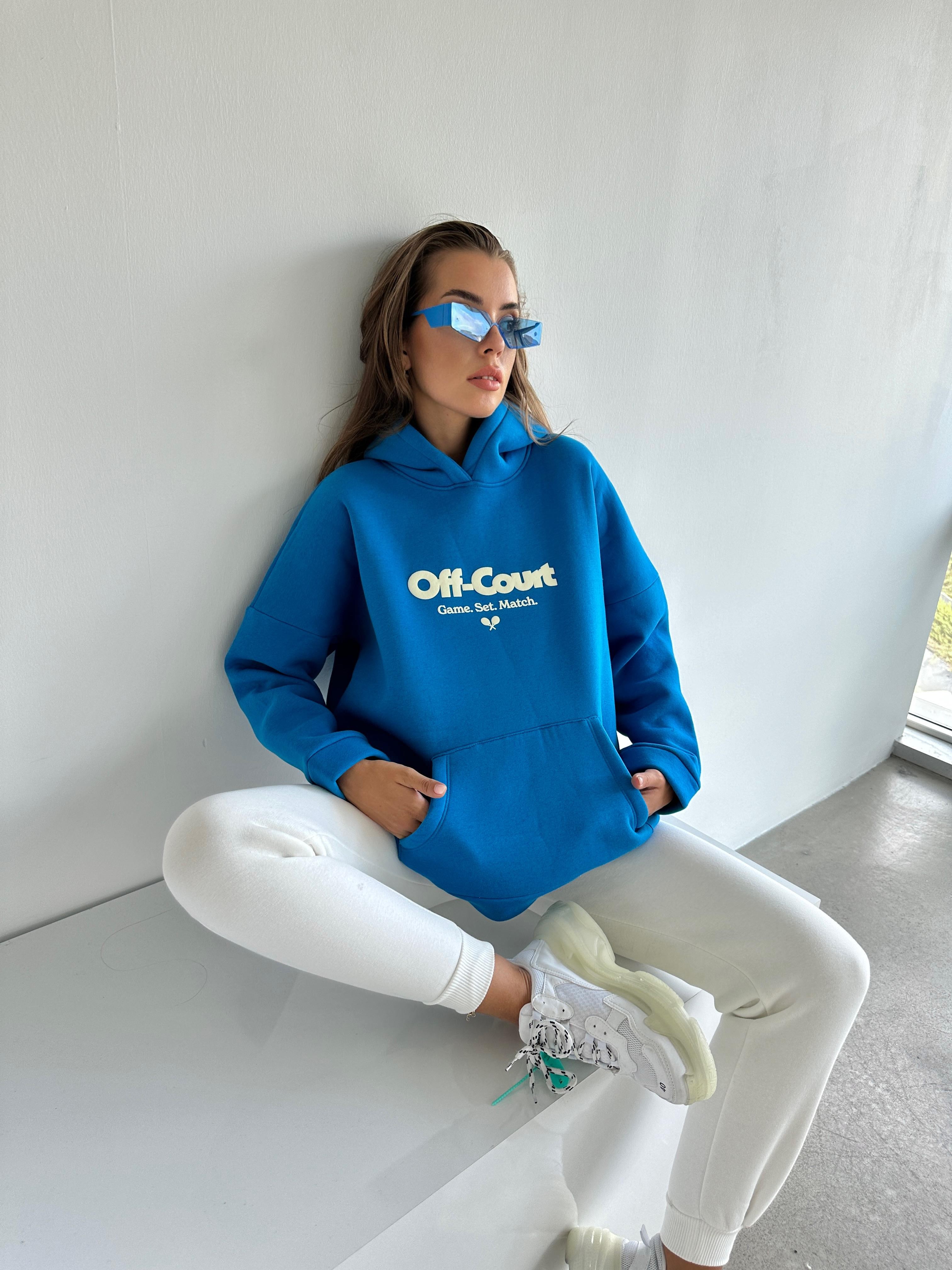 Off Court Baskı Kapüşonlu Sweat Saks Mavi