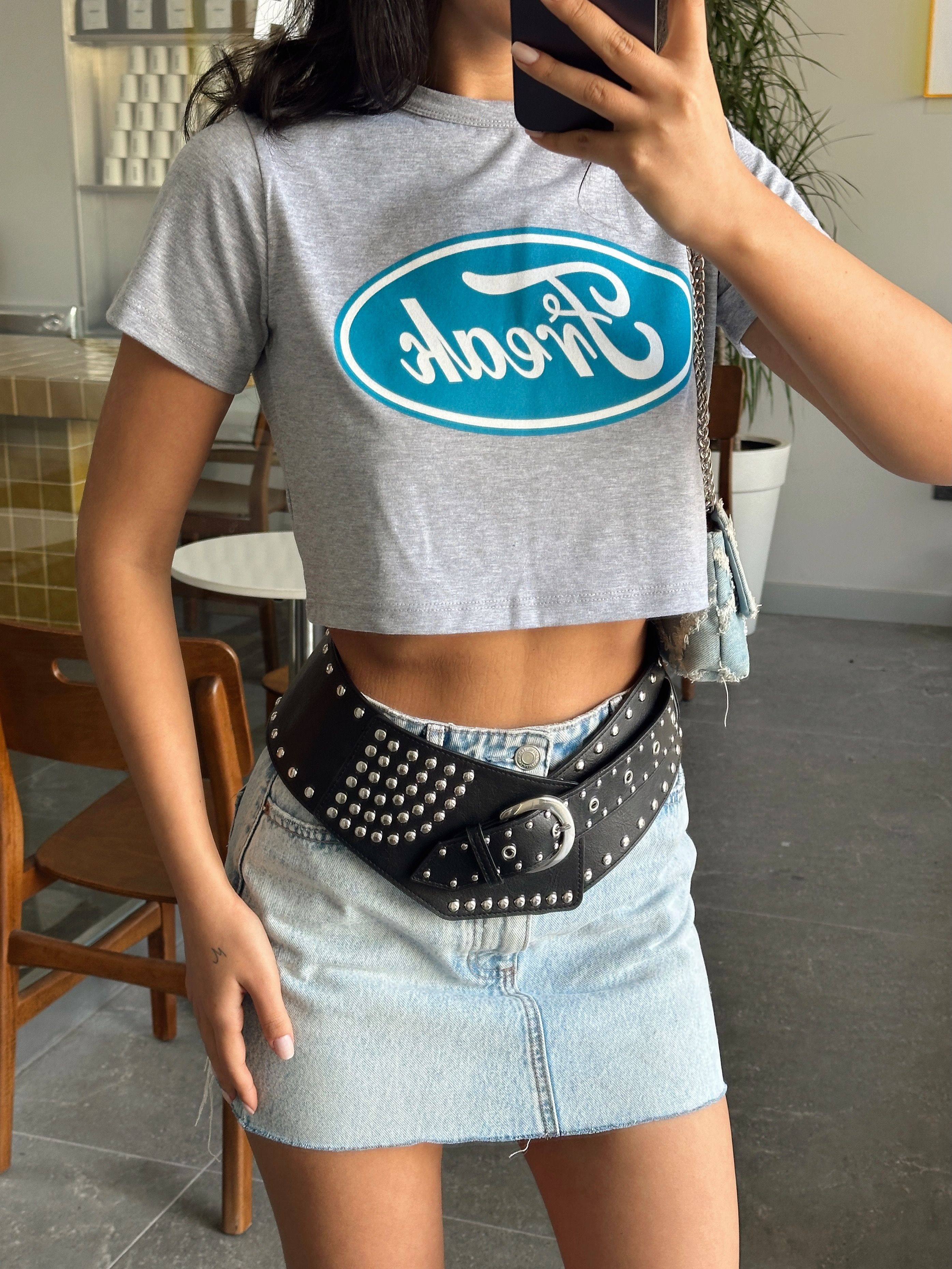 Freak Baskılı Crop Basic - Gri