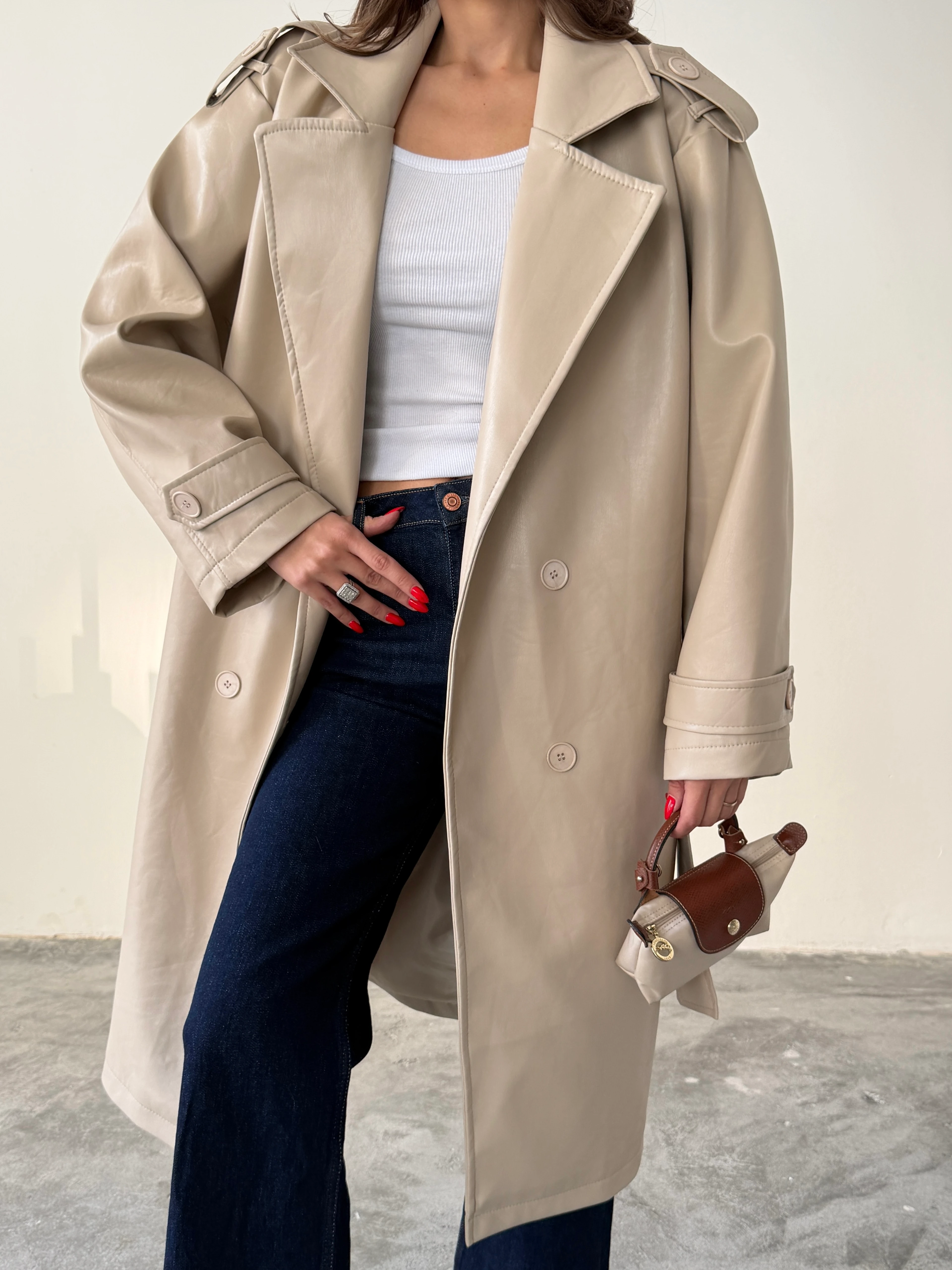 Apolet Detaylı Deri Trençkot - Taş