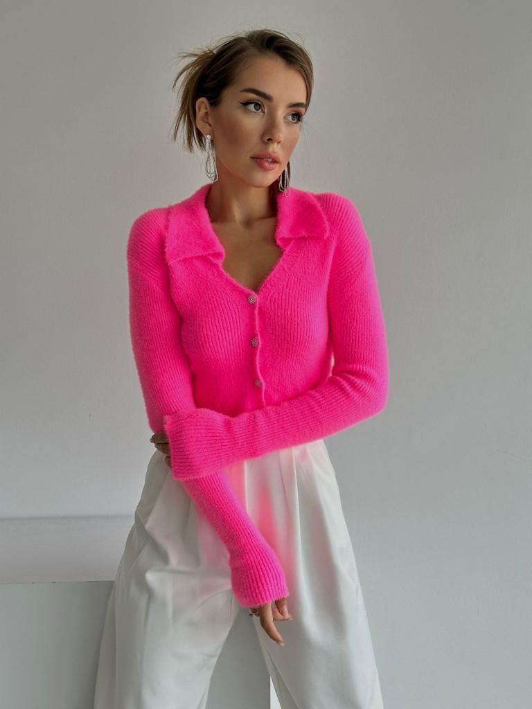 Diamond Düğme Yumoş Triko Hırka Neon Pembe