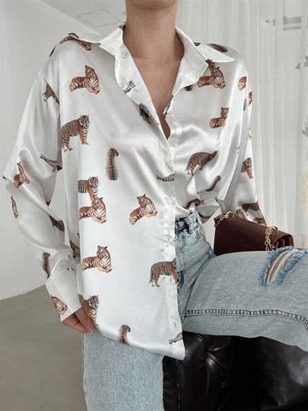 Leopar Oversize Saten Gömlek Beyaz
