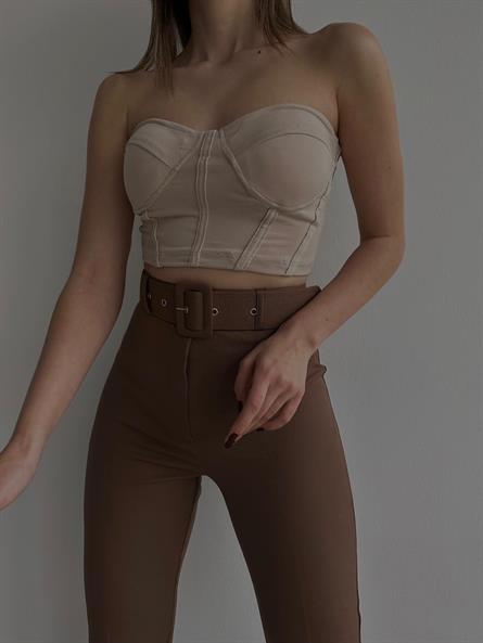 Cup Detay Balenli Straplez Crop Bej