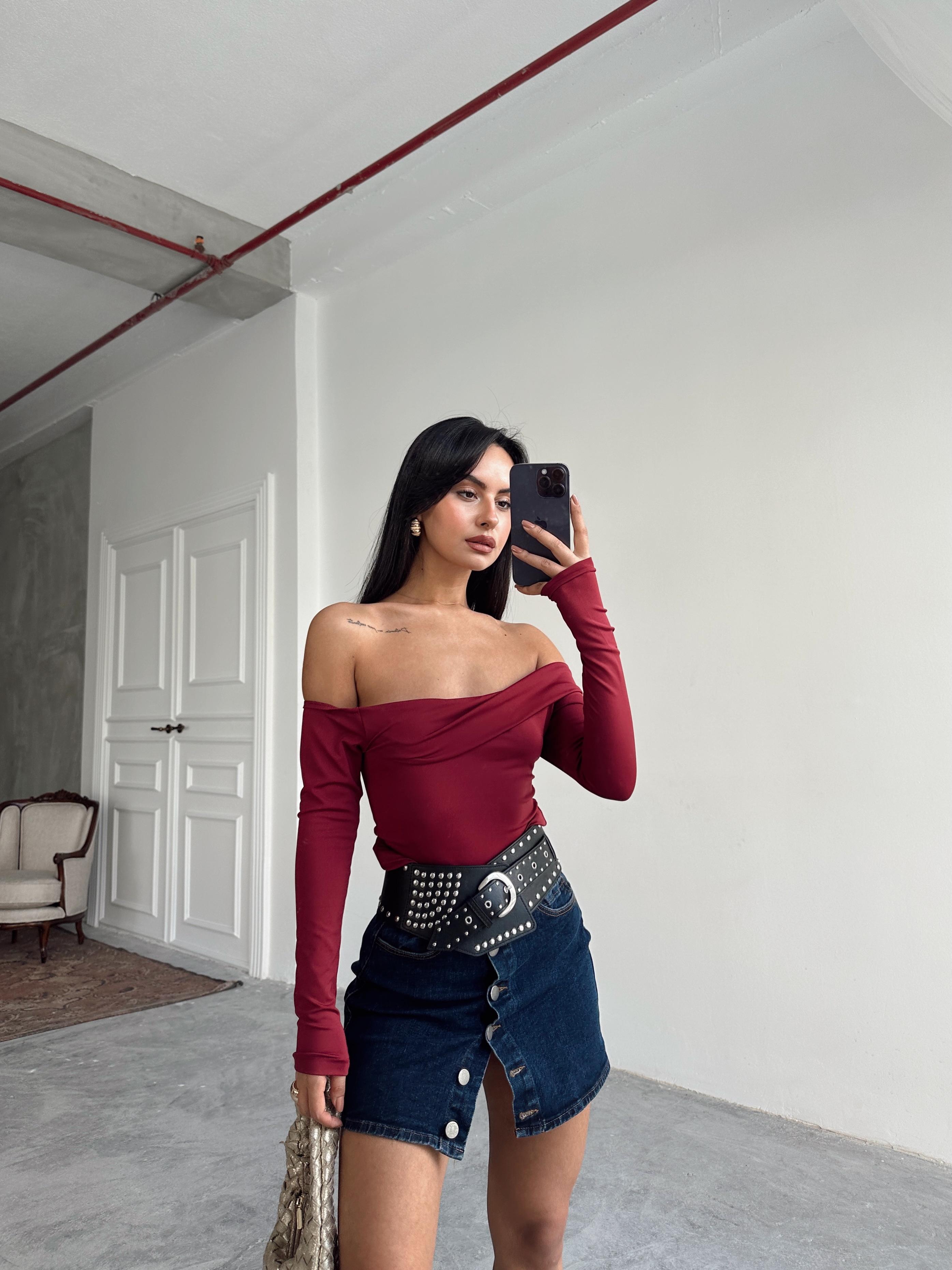 Yaka Katlama Bluz  - Bordo