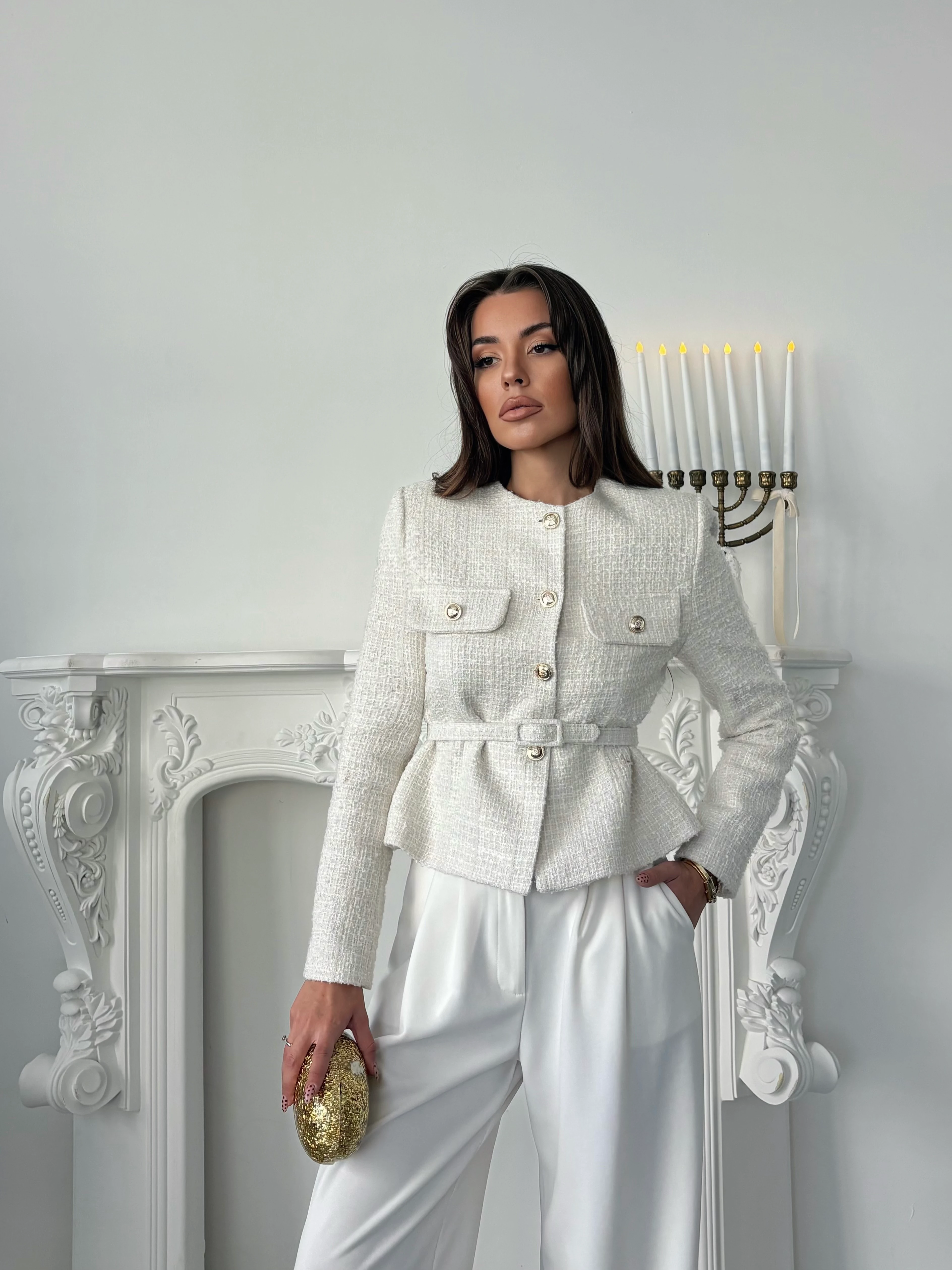 Kemer Detaylı Düğmeli Ceket - Ekru