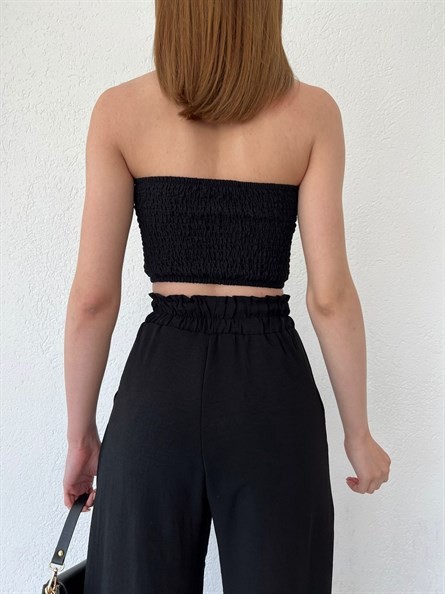 Drapeli Gofre Straplez Crop Siyah