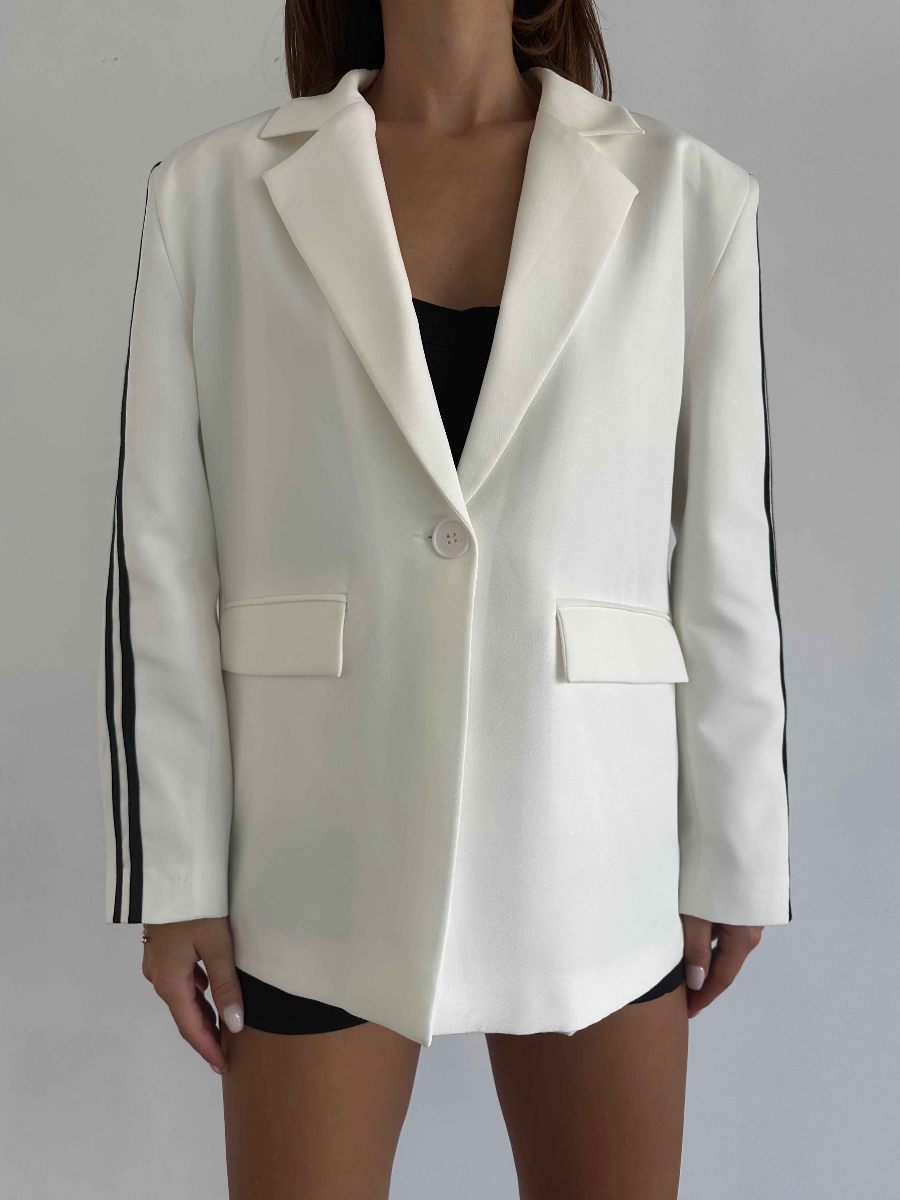 Kol Şeritli Oversize Blazer Ceket Beyaz