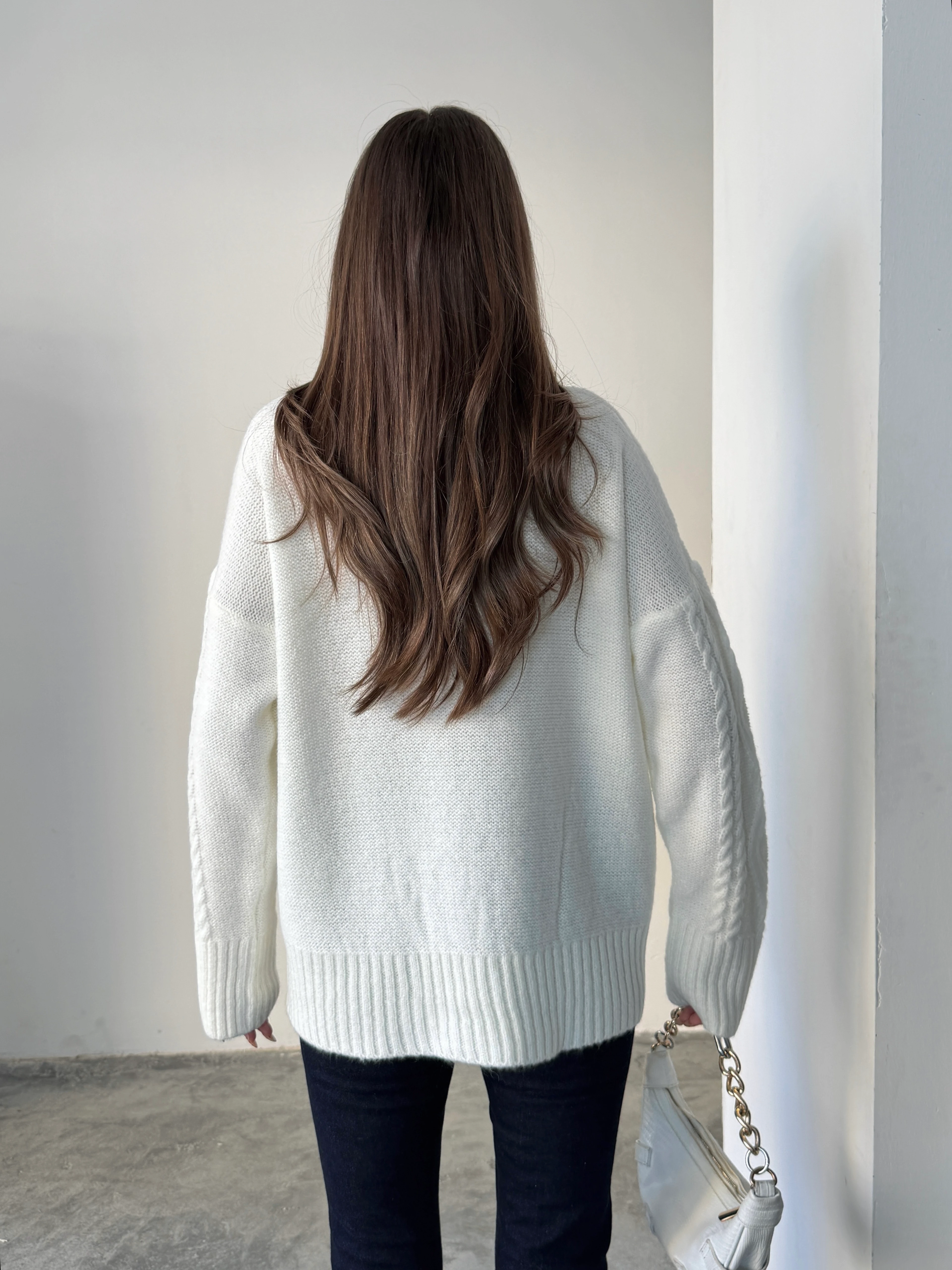 Saç Örgü Desenli Yıkamalı Triko - Ekru