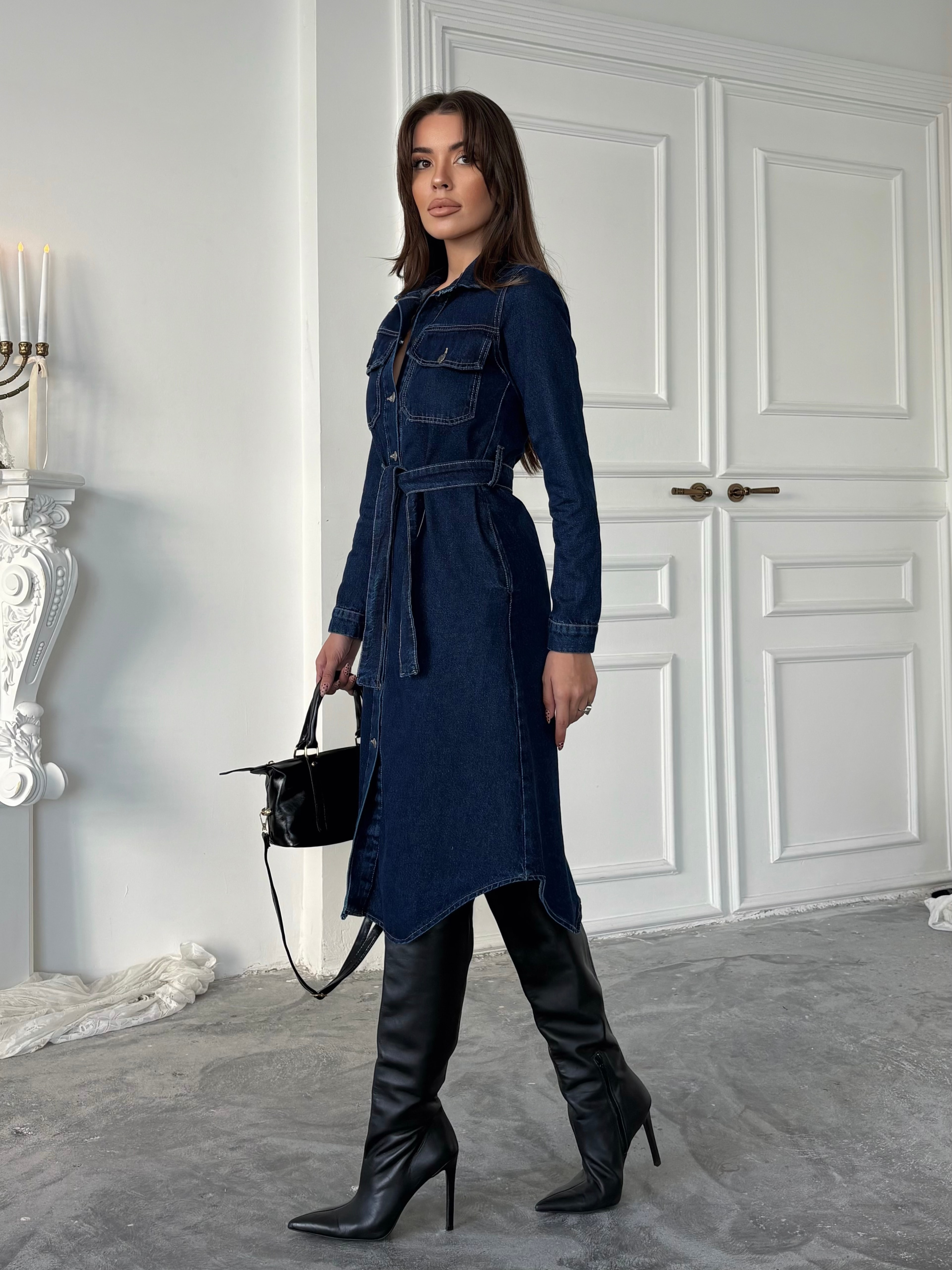 Kuşaklı Denim Elbise - Lacivert