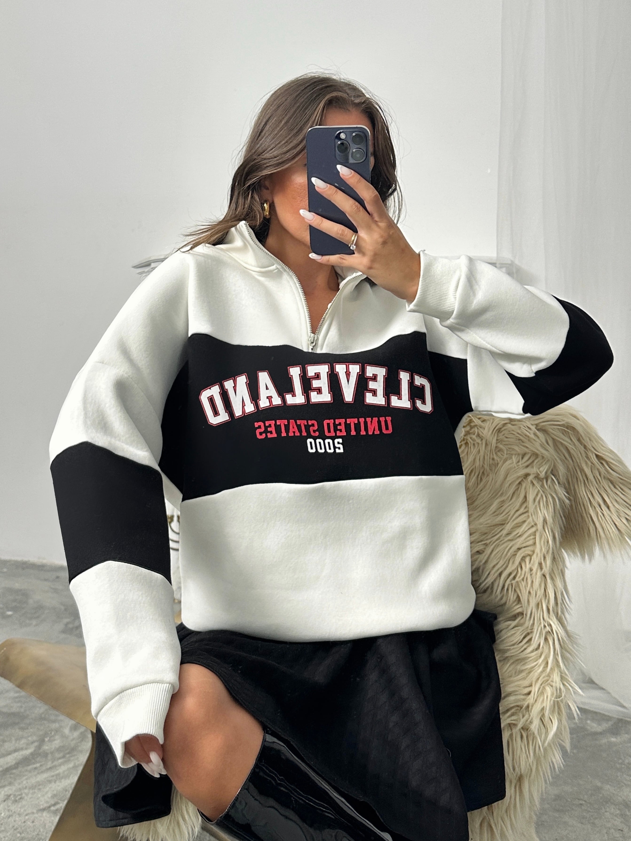 Baskılı Fermuarlı Sweat - Beyaz