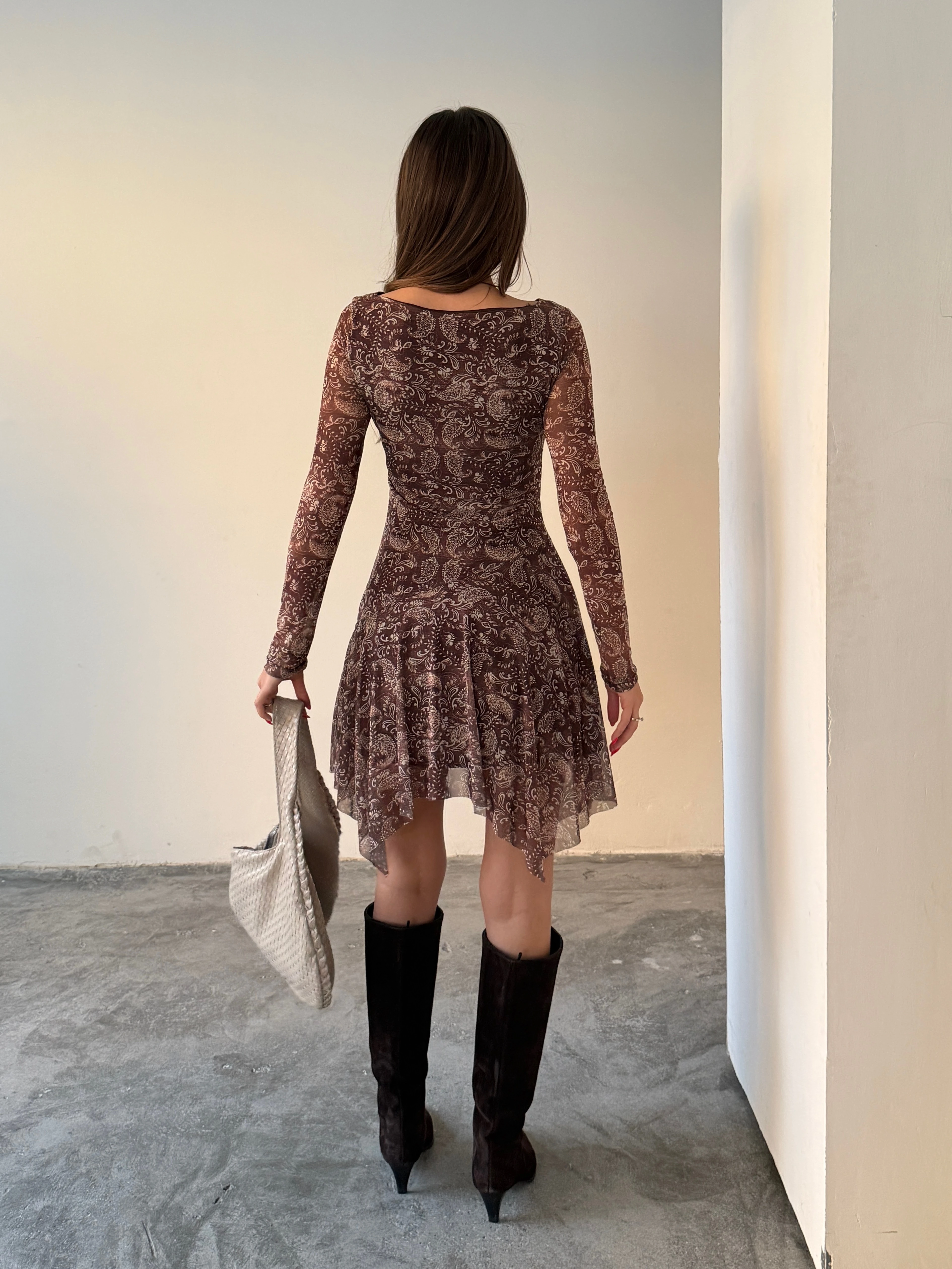 Kayık Yaka Etnik Desenli Elbise - Kahve