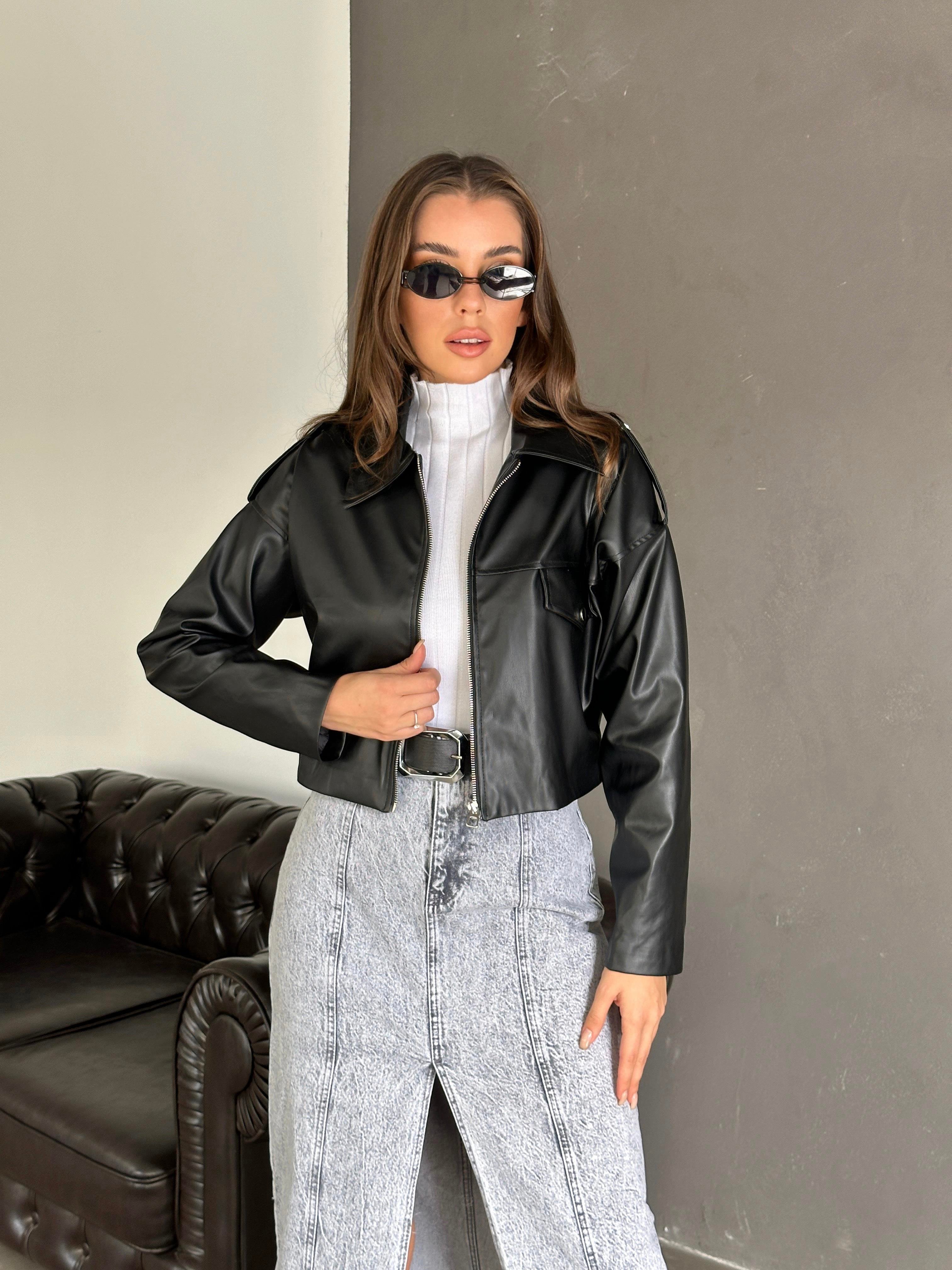 Fermuarlı Deri Crop Ceket Siyah