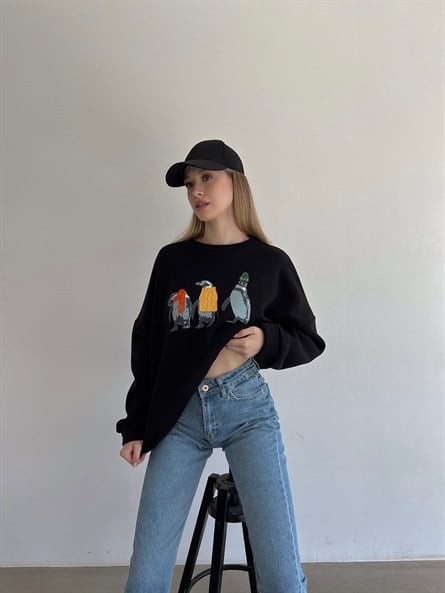 Penguen İşleme Oversize 3 İplik Sweatshirt Siyah