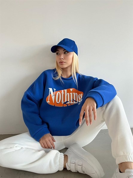 Nothing Baskı 3 İplik Şardonlu Sweatshirt Mavi