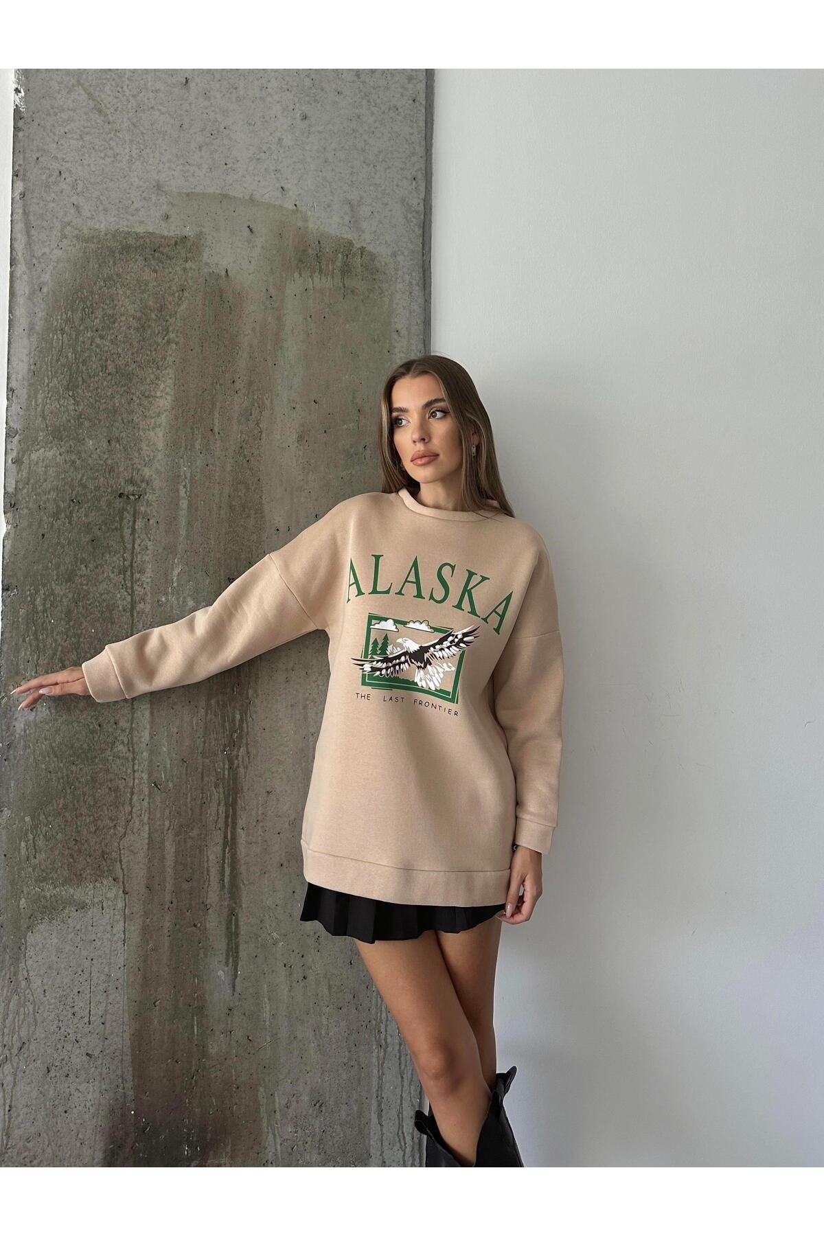 Alaska Üç İplik Şardonlu Oversize Sweat Vizon