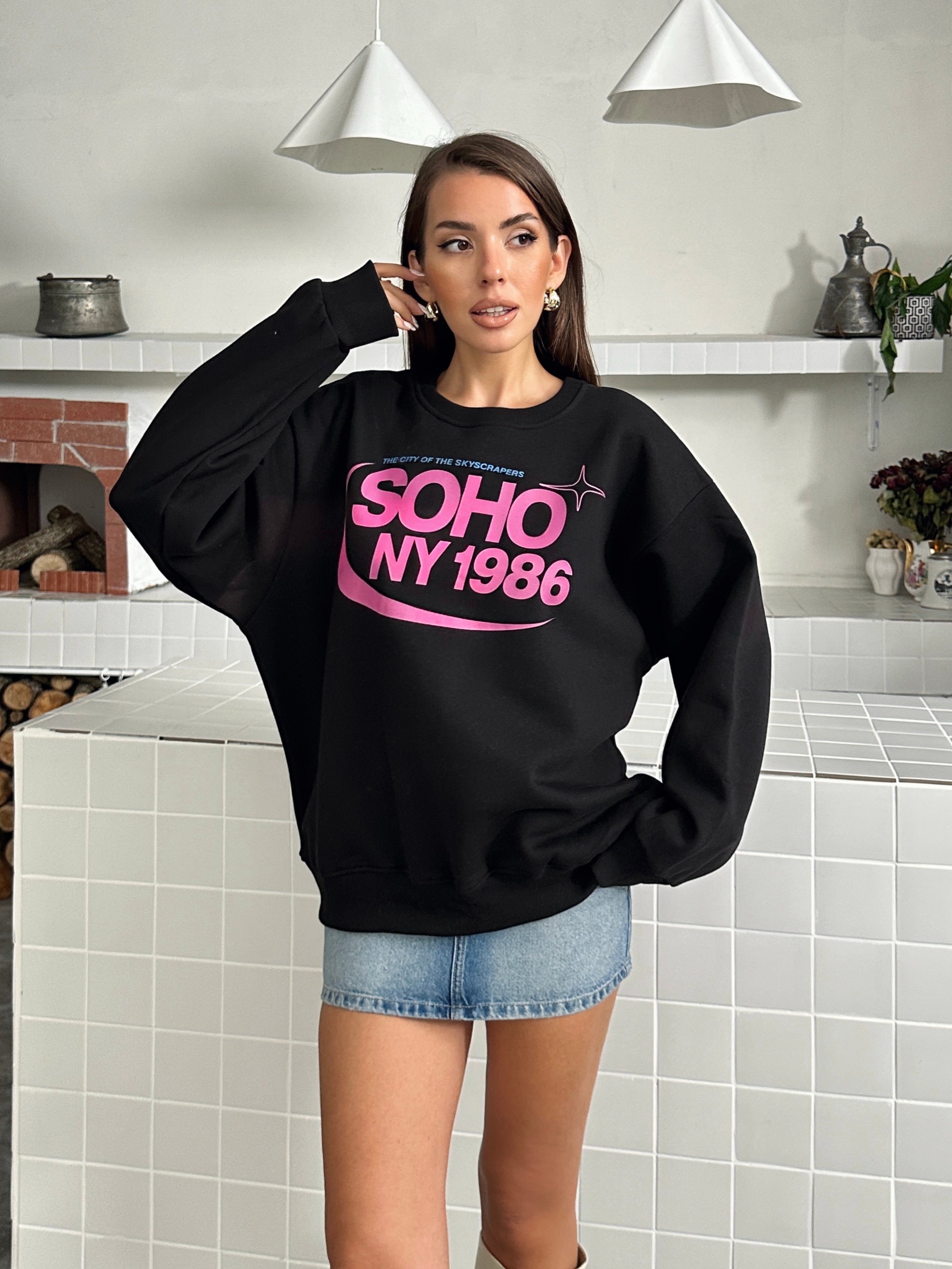 Soho Baskı Bisiklet Yaka Sweat Siyah