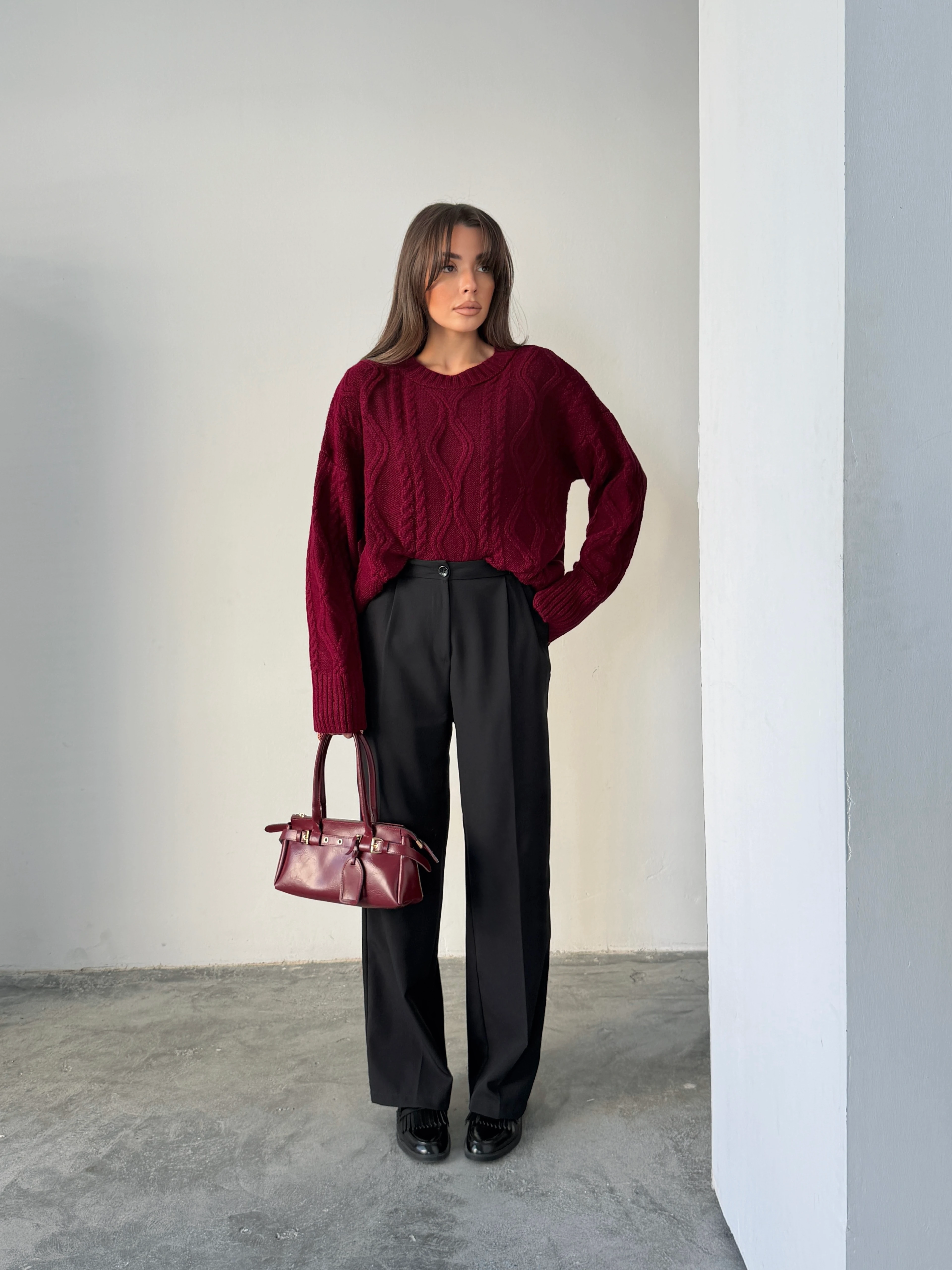 Saç Örgü Desenli Yıkamalı Triko - Bordo