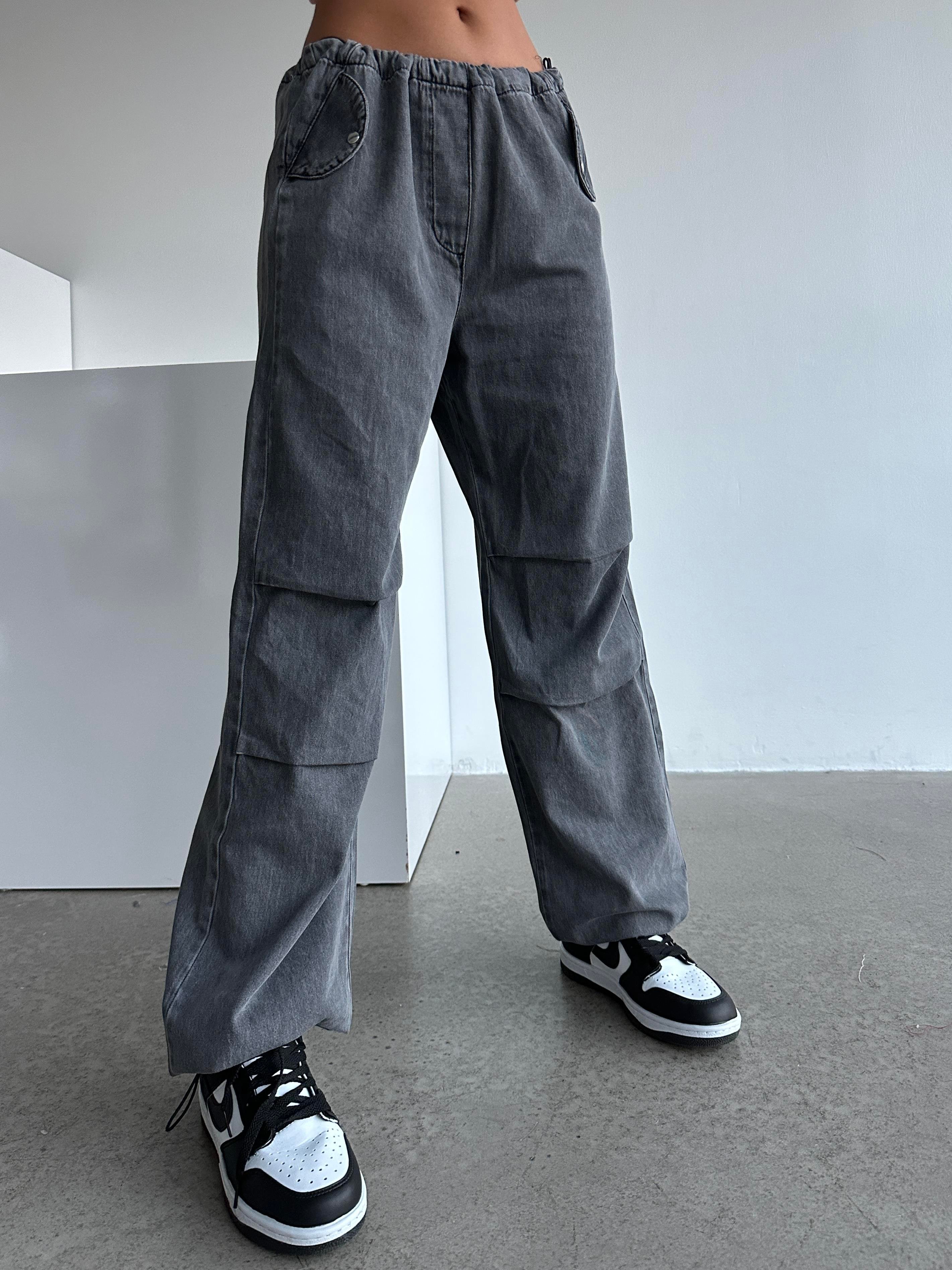 Denim Dokulu Bel Lastik Jogger Paraşüt Pantolon Füme Yıkama