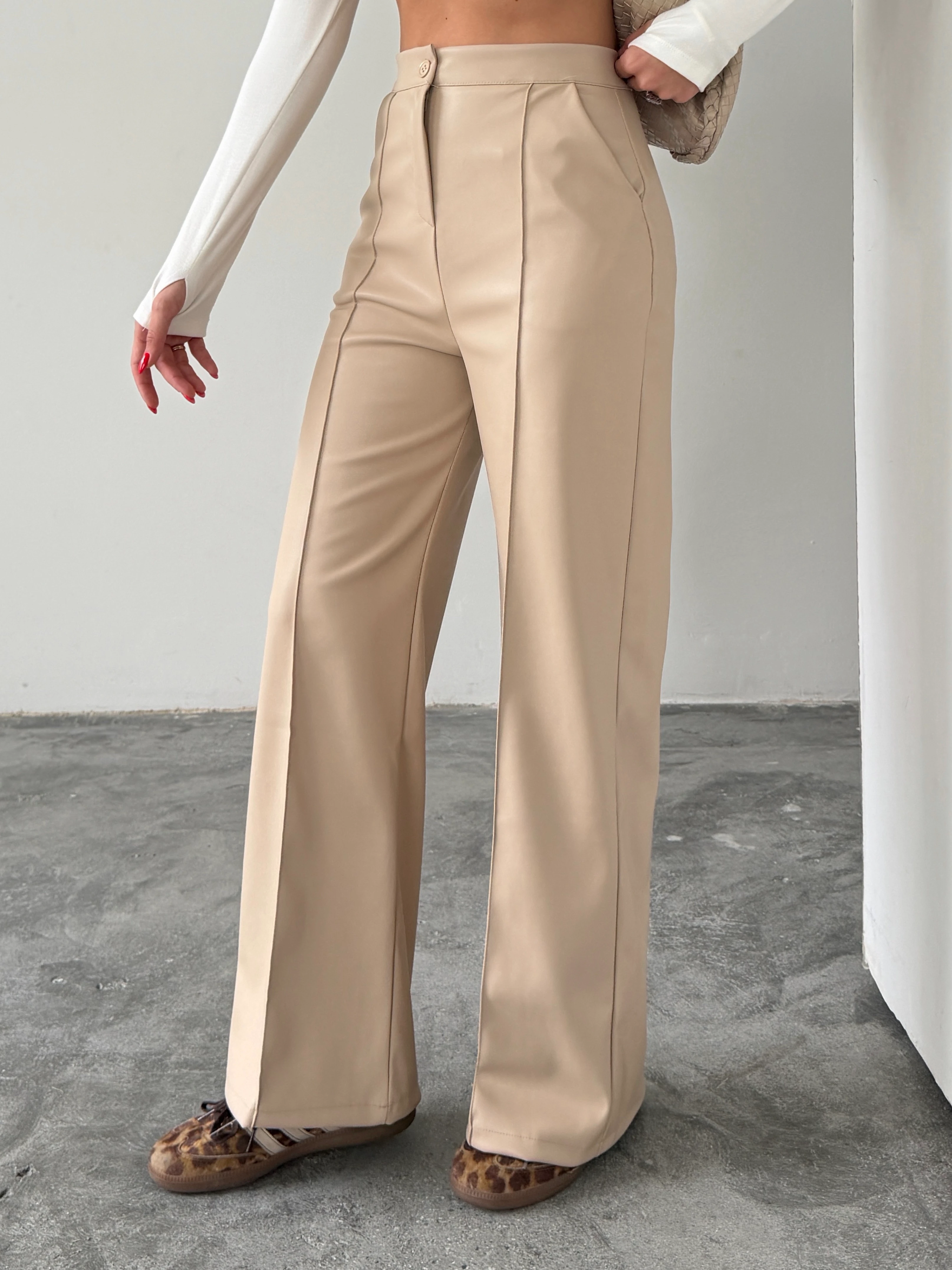 Çımalı Deri Palazzo Pantolon  - Taş