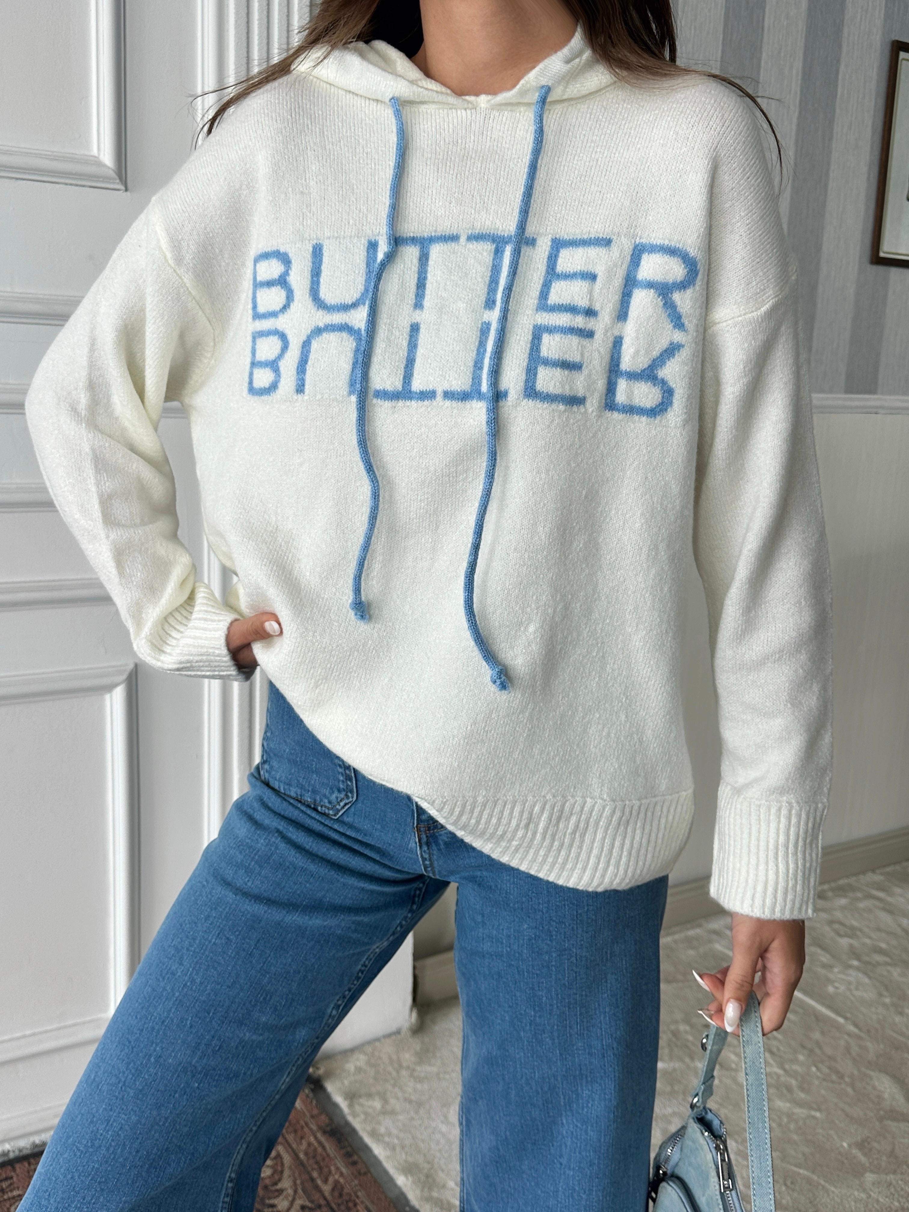 Kapüşonlu Butter Triko - Beyaz