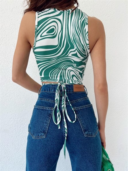 Halter Yaka Bel Çarpraz Desenli Crop Yeşil