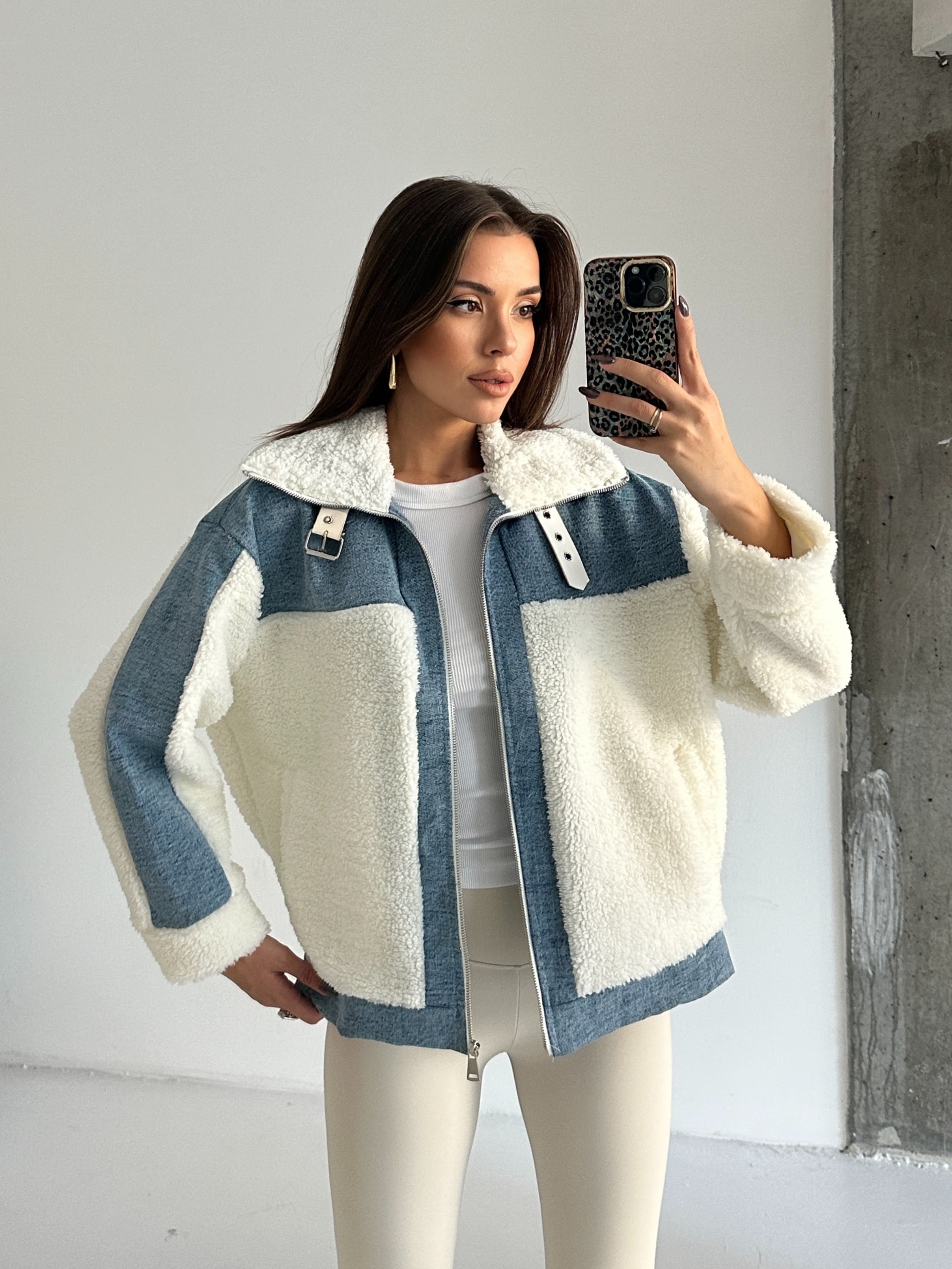 Denim Detaylı Peluş Mont