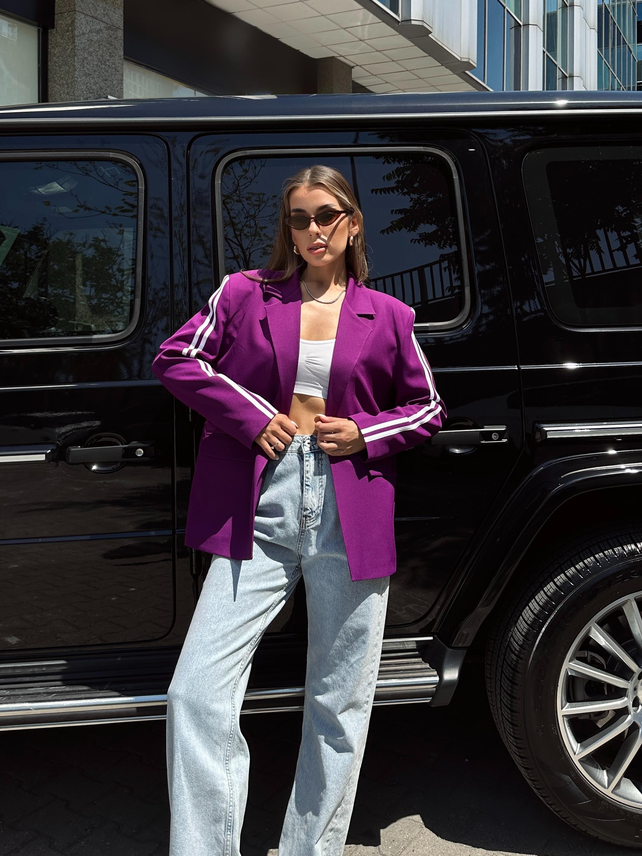 Kol Şeritli Oversize Blazer Ceket Mor