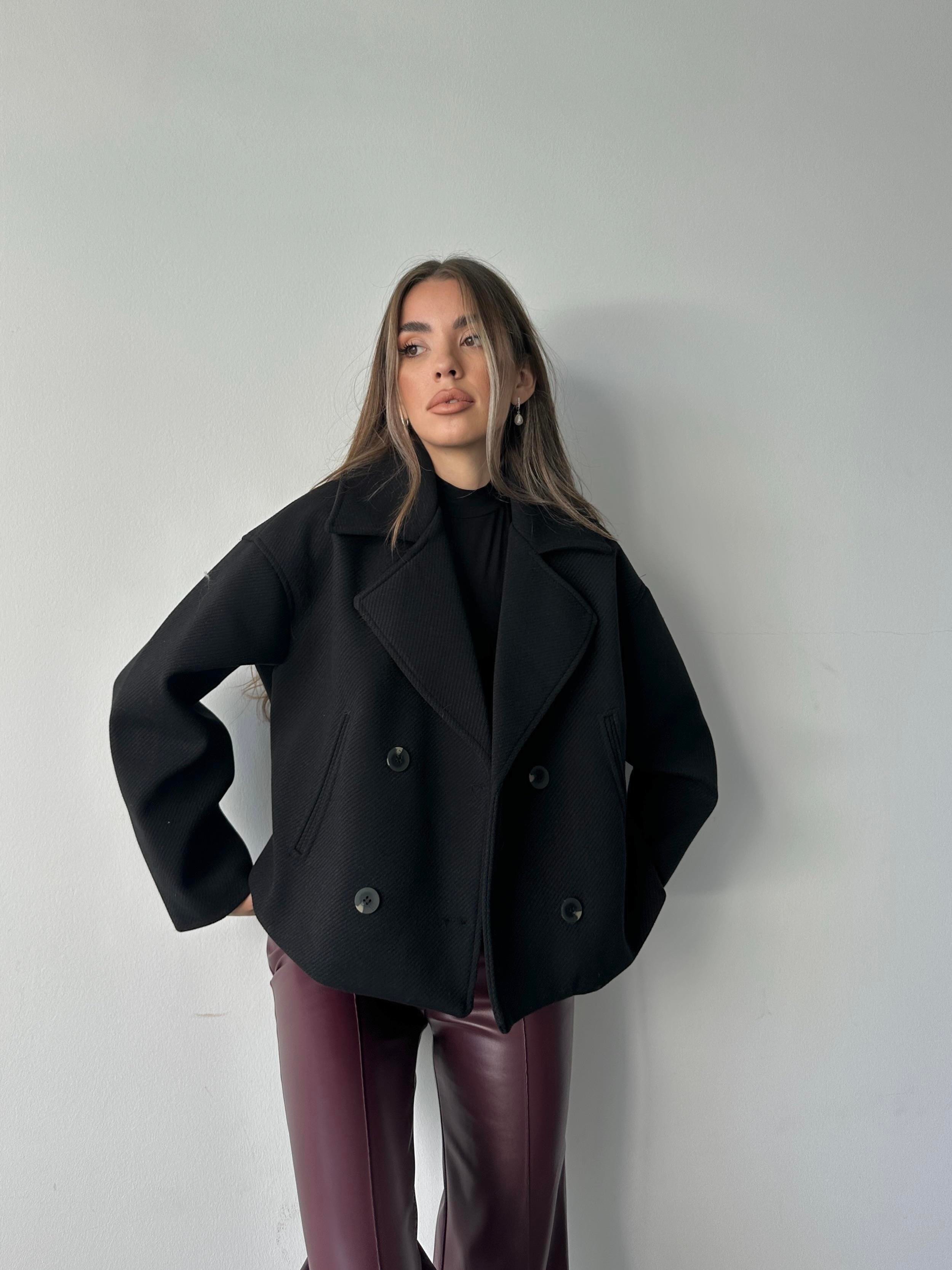 Düğmeli Oversize Kaban Siyah