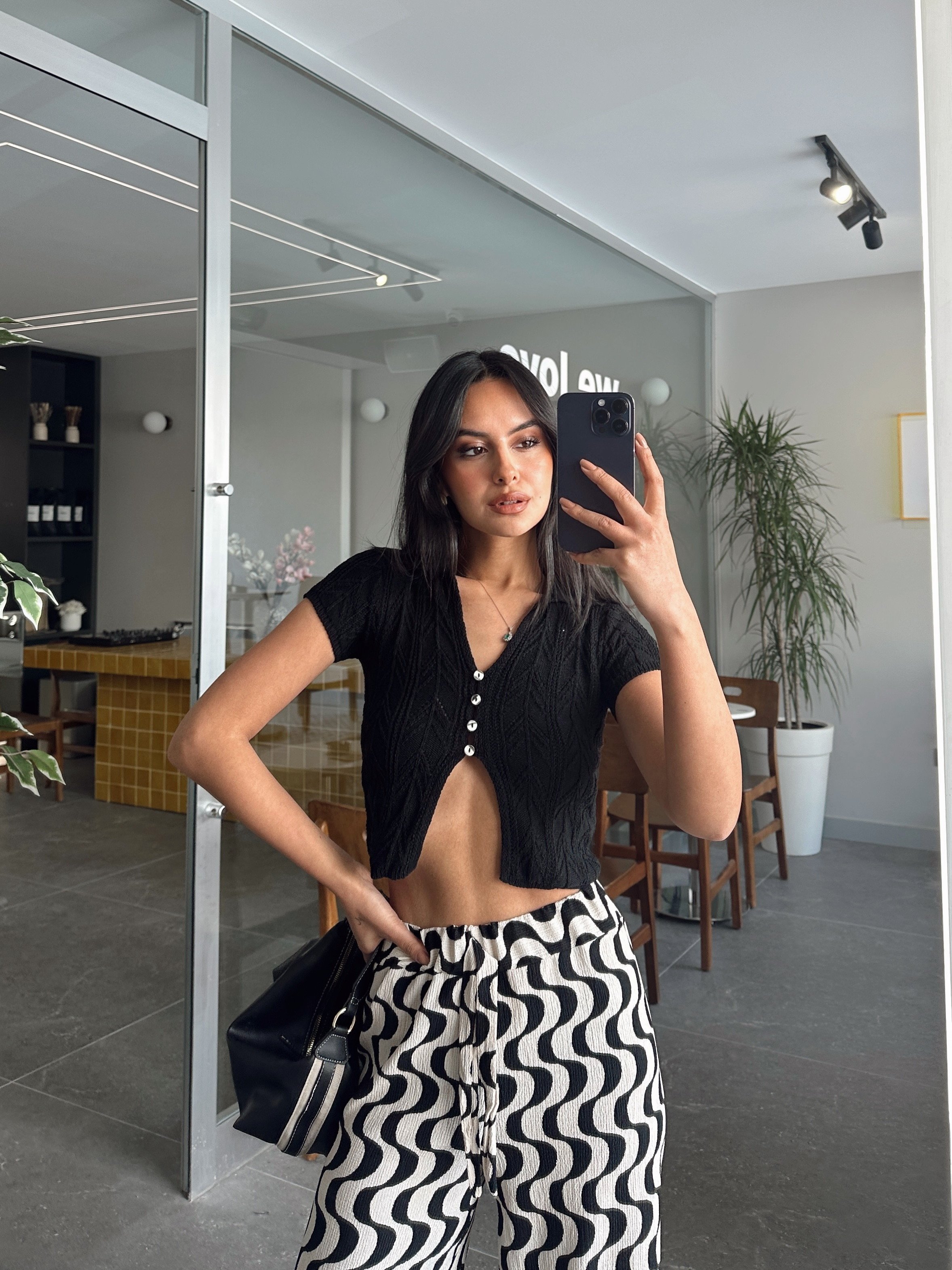 Polo Yaka Düğmeli Triko Bluz - Black