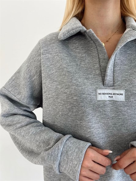Polo Yaka Etiket Detay Sweatshirt Gri