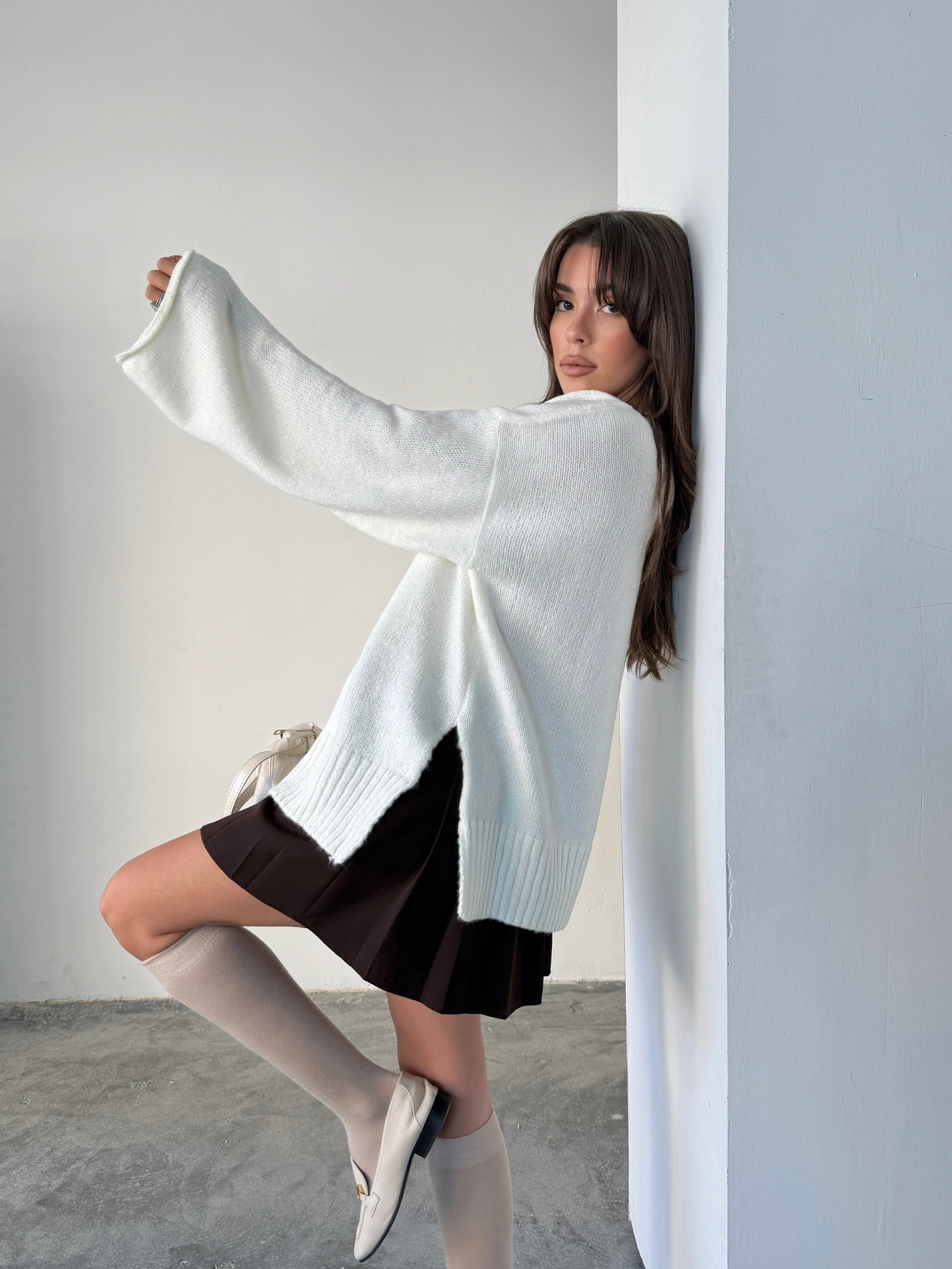 Yırtmaçlı Basic Triko  - Ekru