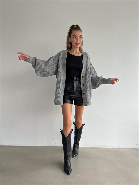 Düğmeli Oversize Örgü Hırka Koyu Gri