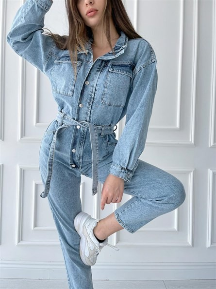 Kemer Detay Denim Tulum Buz Mavi