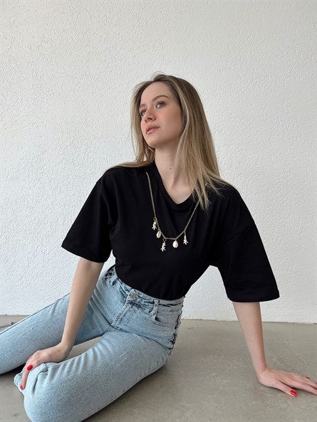 Shell Kolye Aksesuar Crop Basic Siyah