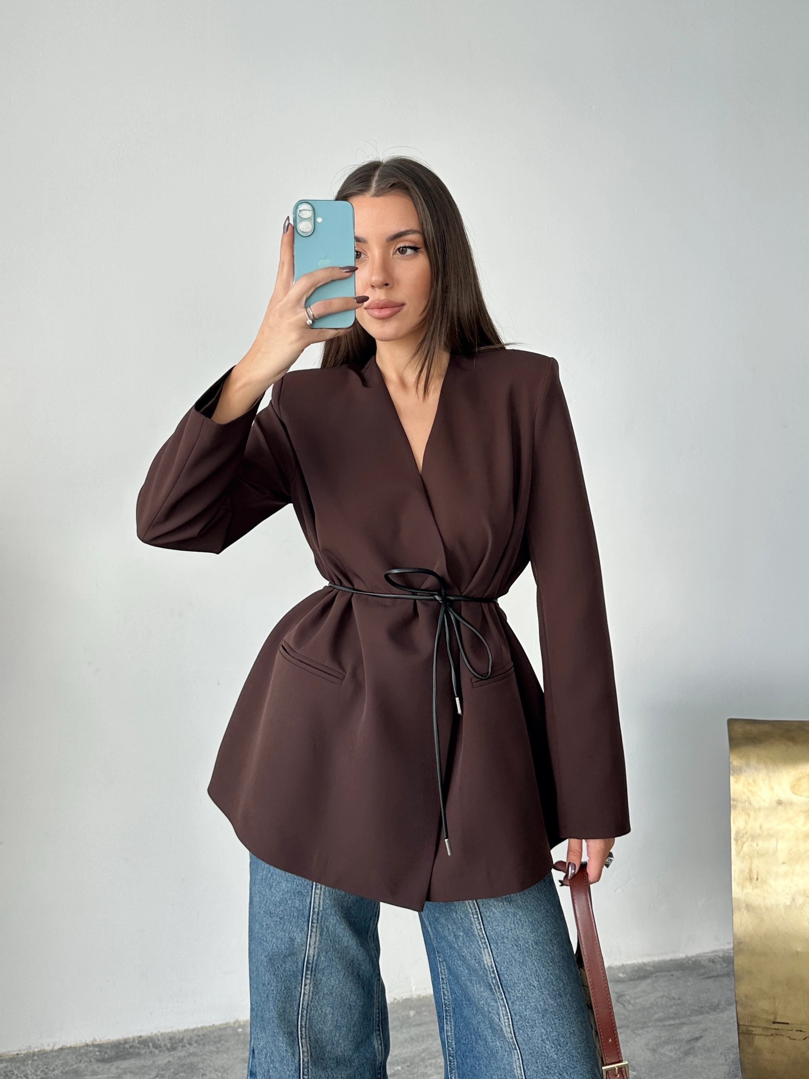 Deri Kemerli Blazer Ceket - Kahve