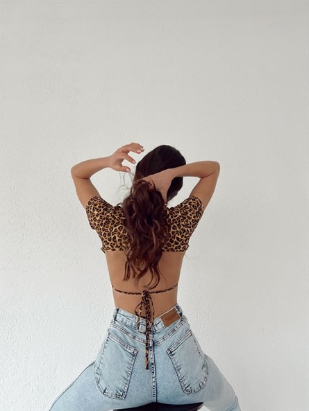 Leopar Sırt Dekolte Bağlama Bluz Taba