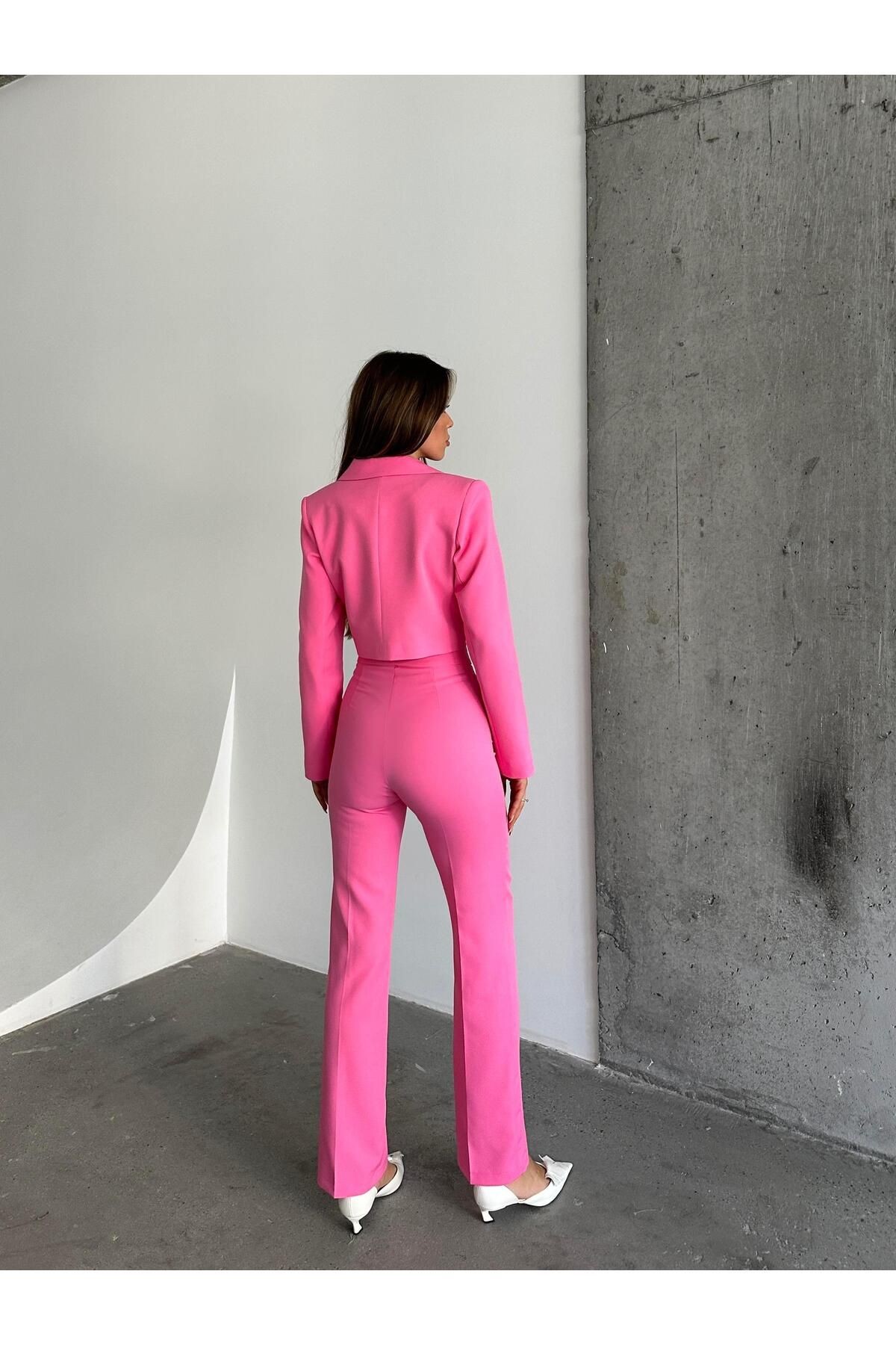 Çift Düğme Crop Blazer Ceket Pembe